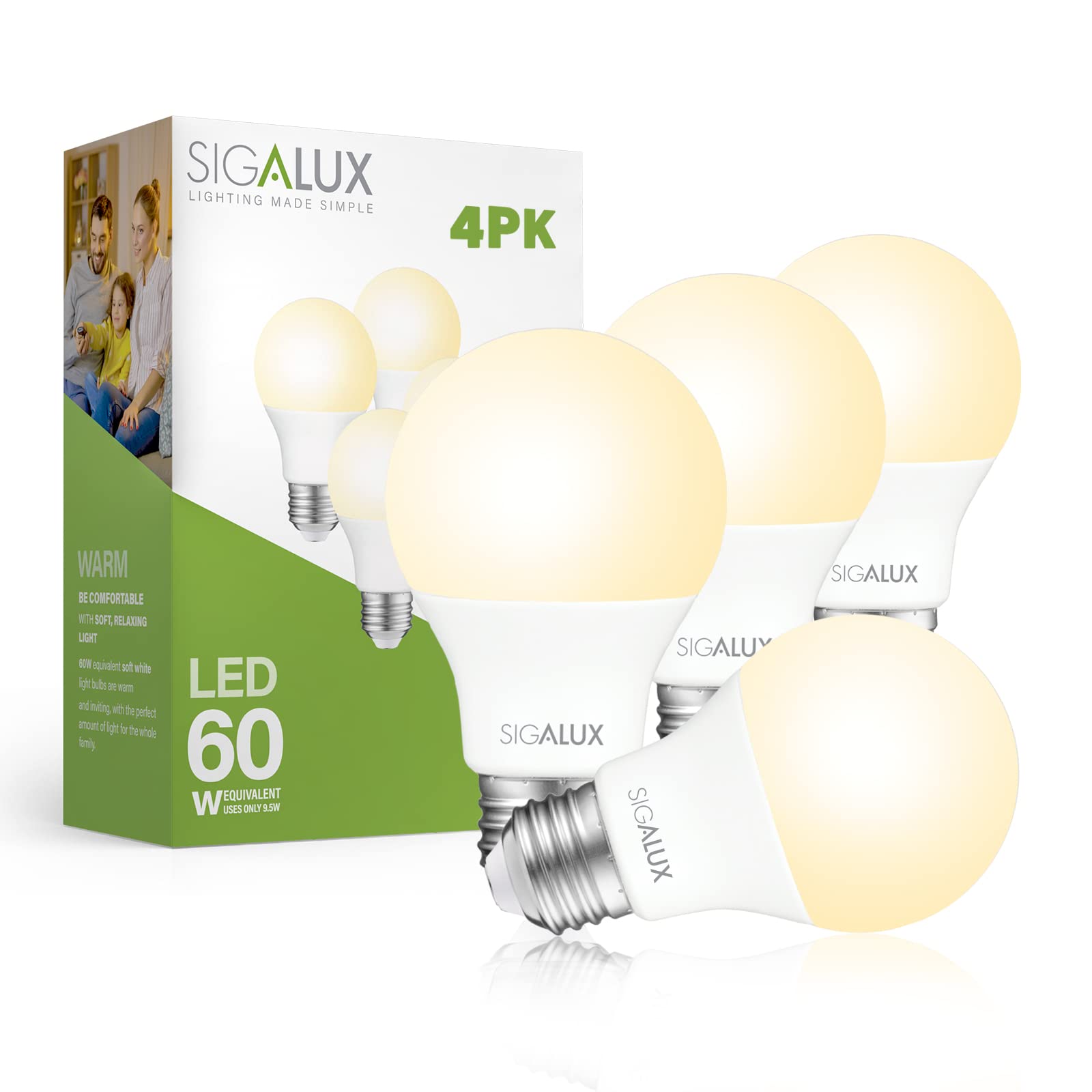 Sigalux Led Light Bulbs 60 Watt Equivalent A19 Standard Light Bulbs 2700K Warm, Non-Dimmable Energy Efficient 9.5W Led Soft Whit