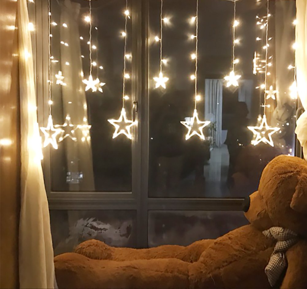 Twinkle Star 12 Stars 138 LED Curtain String Lights, Window Curtain Lights with 8 Flashing Modes Ramadan Decoration Christmas, W