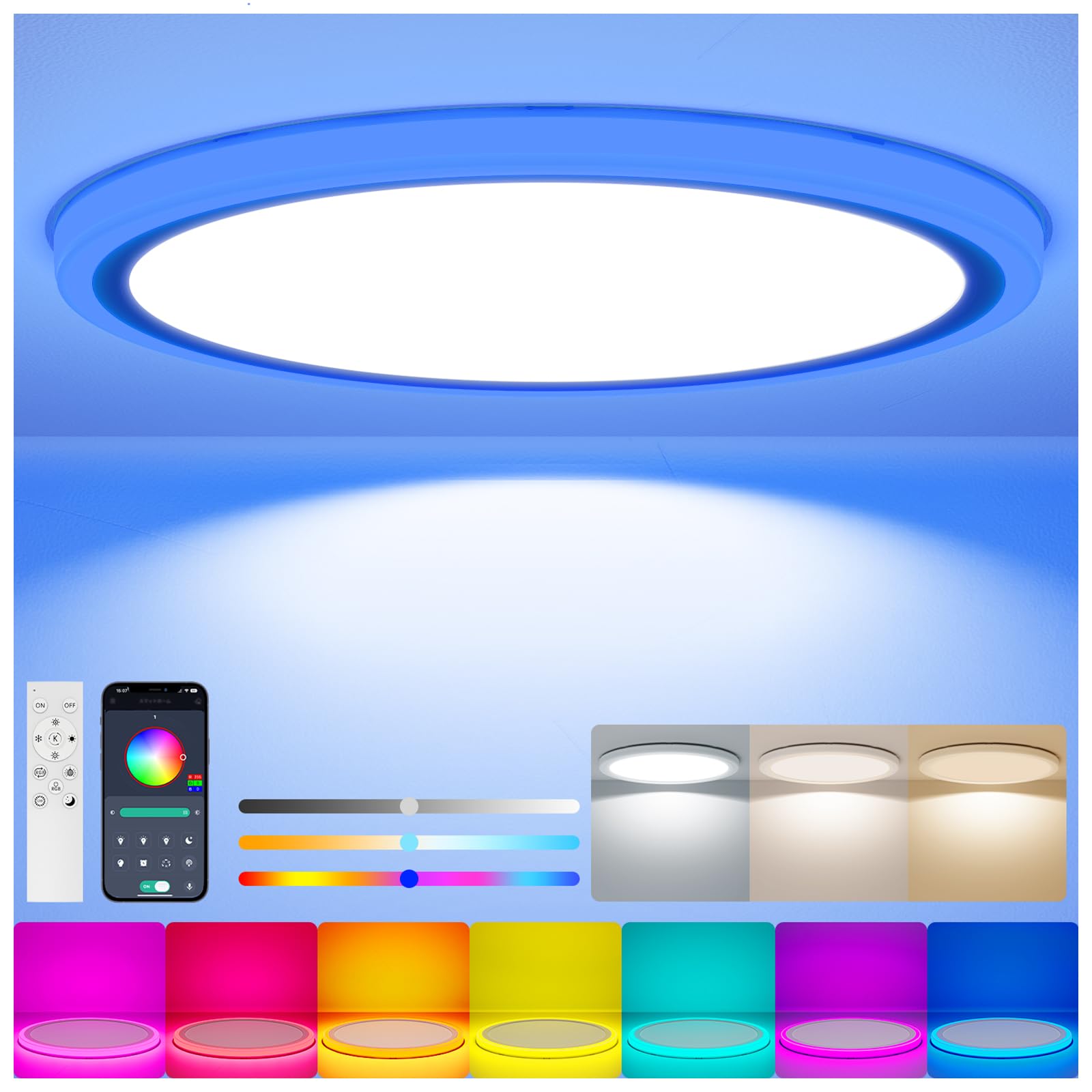 Aphyni Rgb Led Ceiling Light Fixture With Remote, 3600Lm Flush Mount Light Fixture, Diy Colors, Disco Mode, 3000K-6500K Dimmable