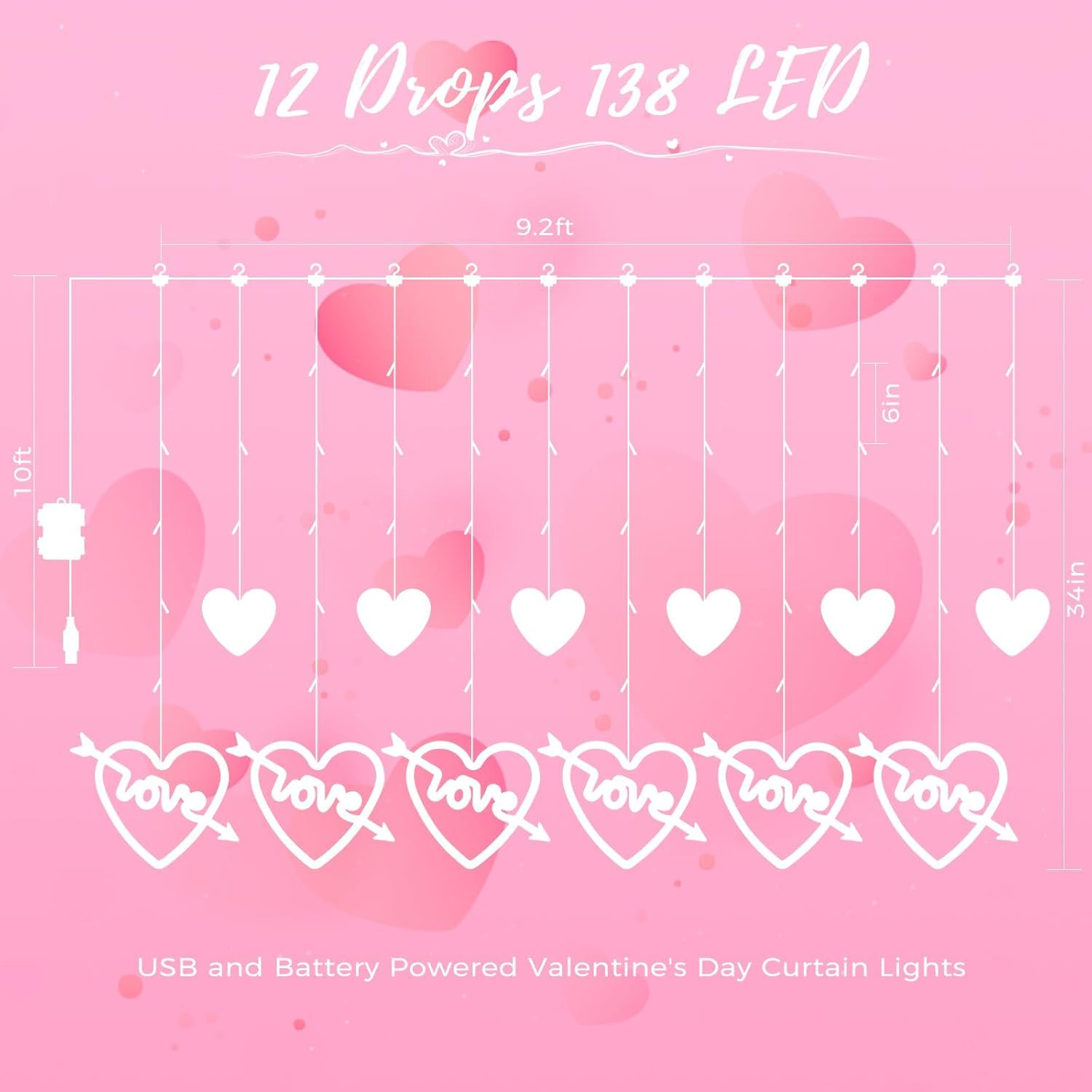 Valentines Day Decor, 138Led 12 Hearts Curtain Lights For Bedroom, Window Lights With Remote 8 Modes, Usb And Battery Powered Va
