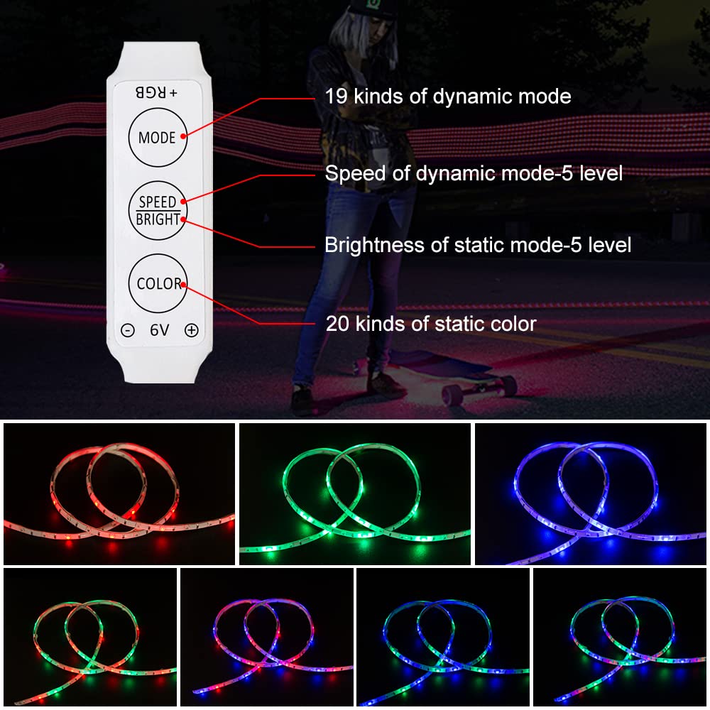 DANCRA LED Skateboard Lights - 2.62ft RGB Strip Light for Night Riding, Battery Powered Safety Lights