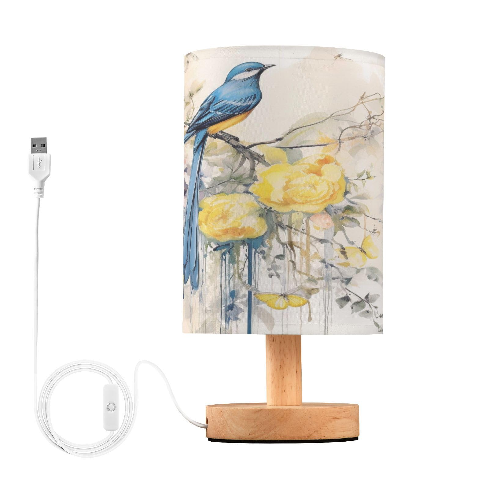ALAZA Table Lamp with USB Port Bedside Lamp Spring Blue Bird with Yellow Flowers Butterflies Small Nightstand Lamp Desk Lamp for