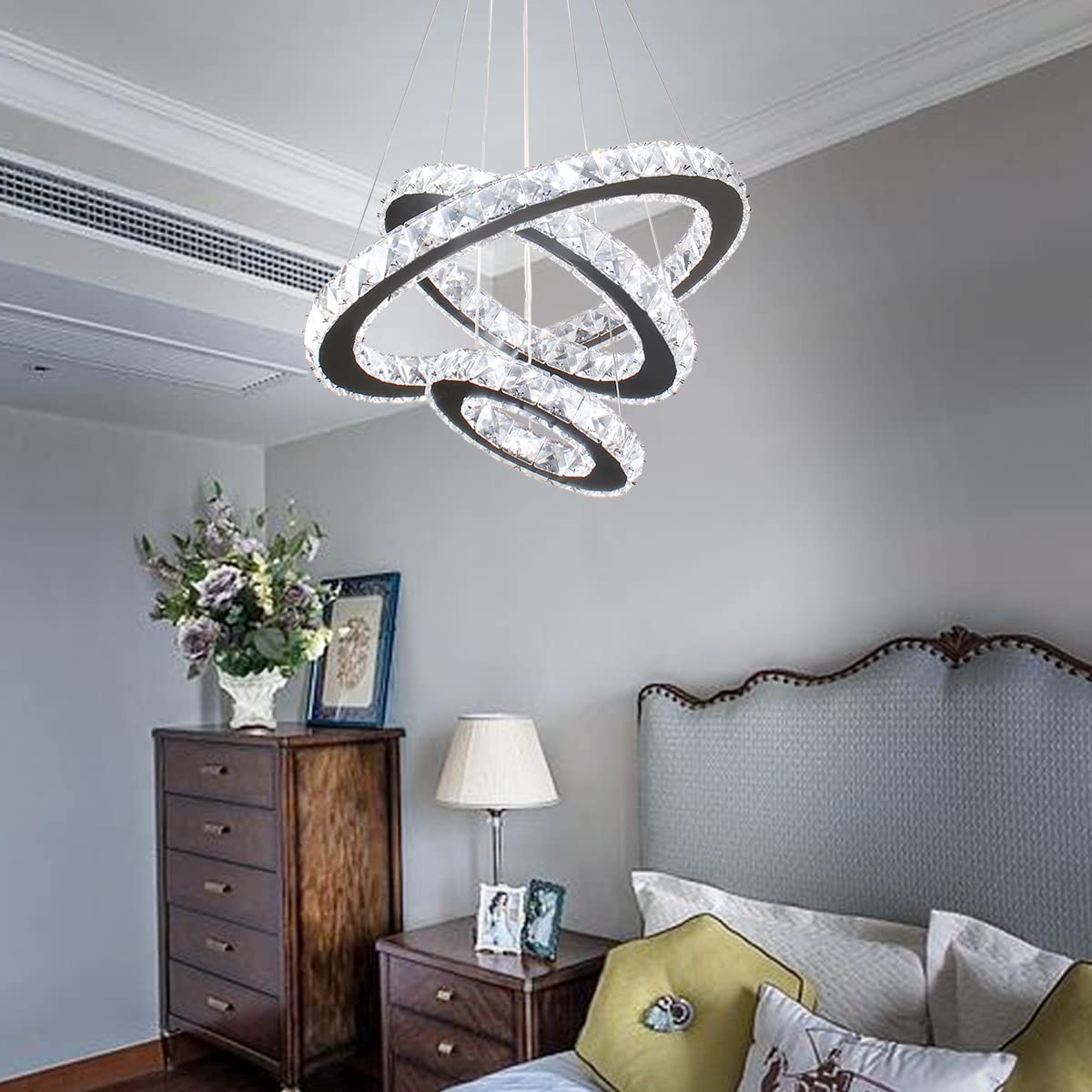 diisunbihuo Dimmable LED Crystal Chandelier 3 Rings Adjustable Height Black Pendant Light for Dining Room, Bedroom, Living Room