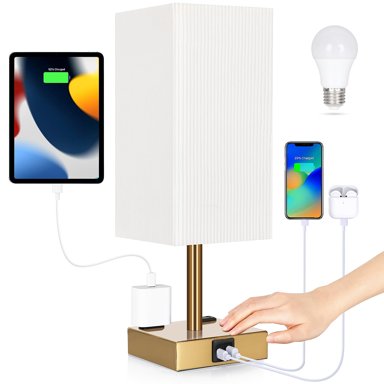 Bedside Lamp with USB Ports - Touch Control Table Lamp for Bedroom with USB C+A Ports & AC Outlets, 3 Way Dimmable Nightstand Li