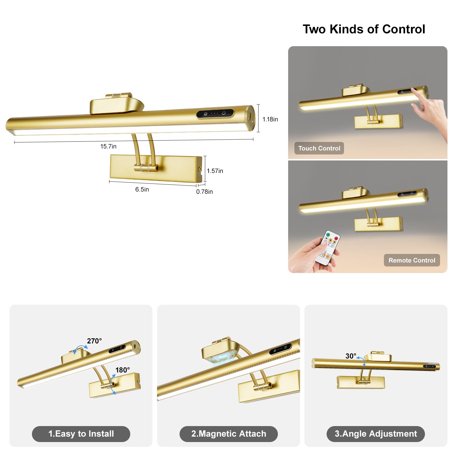 VARICART Magnetic Wireless Picture Light, 16in Metal, Rechargeable, Dimmable, Remote/Touch/Timer, Gold 2Pack, Model 26c0db37-f444