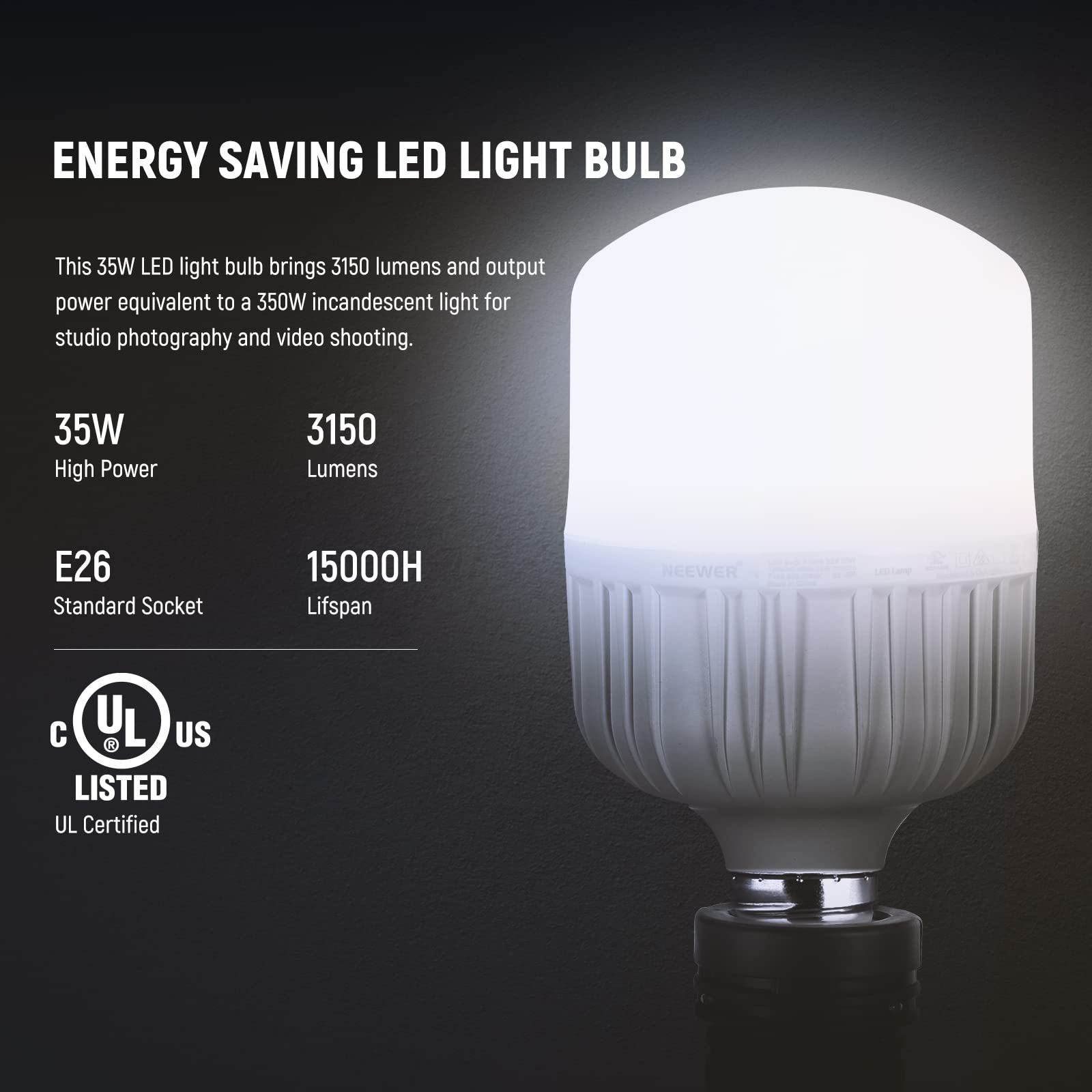 Neewer E26 35W Led Light Bulbs, 2 Packs, 3150 Lumens/5700K/Cri 93+/15000H Lifespan, Bright Video Photography Lighting, Silent/No