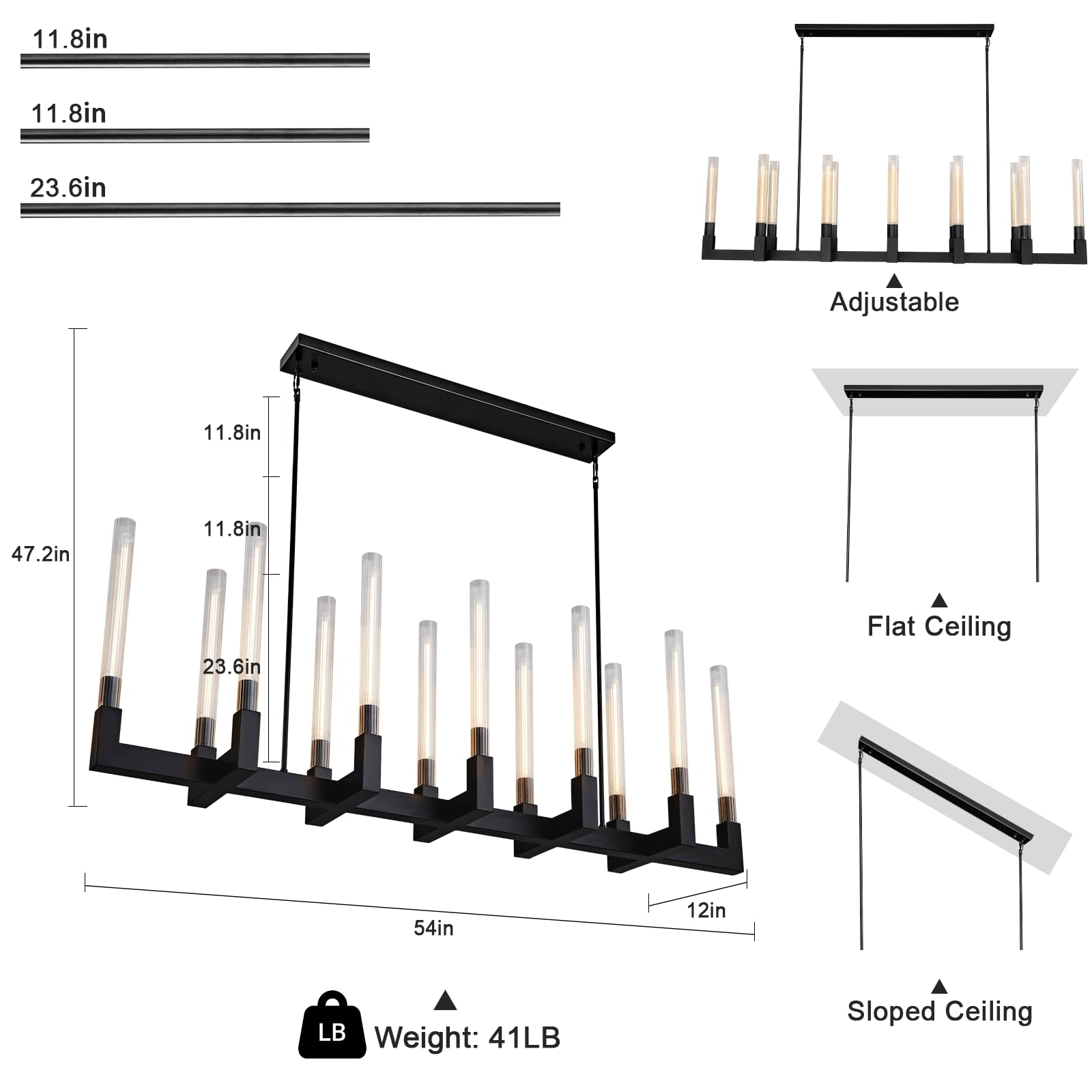 Yuexpand Black 12-Lights Modern Chandelier With Glass Tube, 54''Chandeliers Rectangular Luxurious Large Chandelier Fixture Ceili
