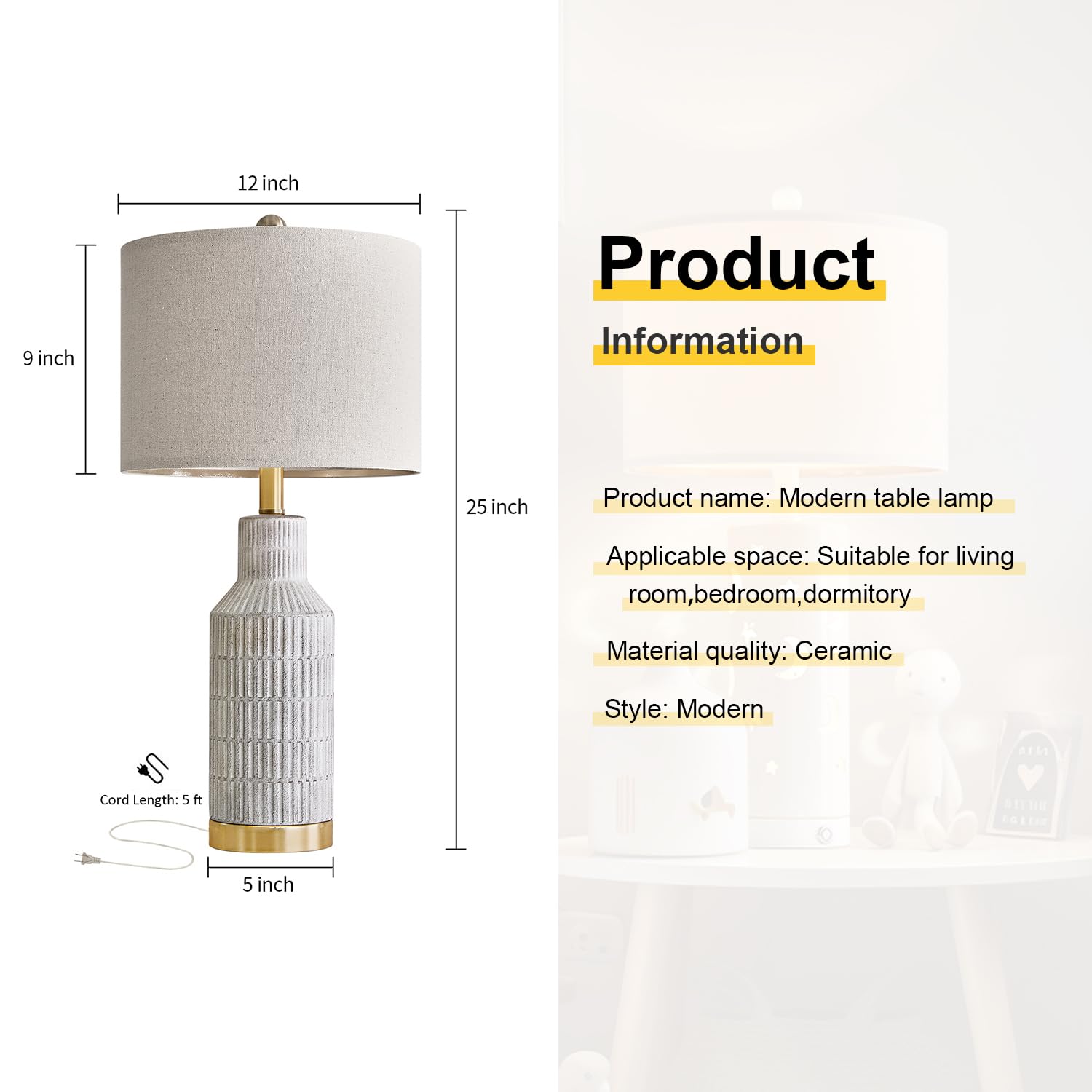 USumkky 25" Modern Ceramic Table Lamp for Living Room, Bedroom, Washed White - Model YM-AMZ-T1114WH-1, Nightstand Lamp