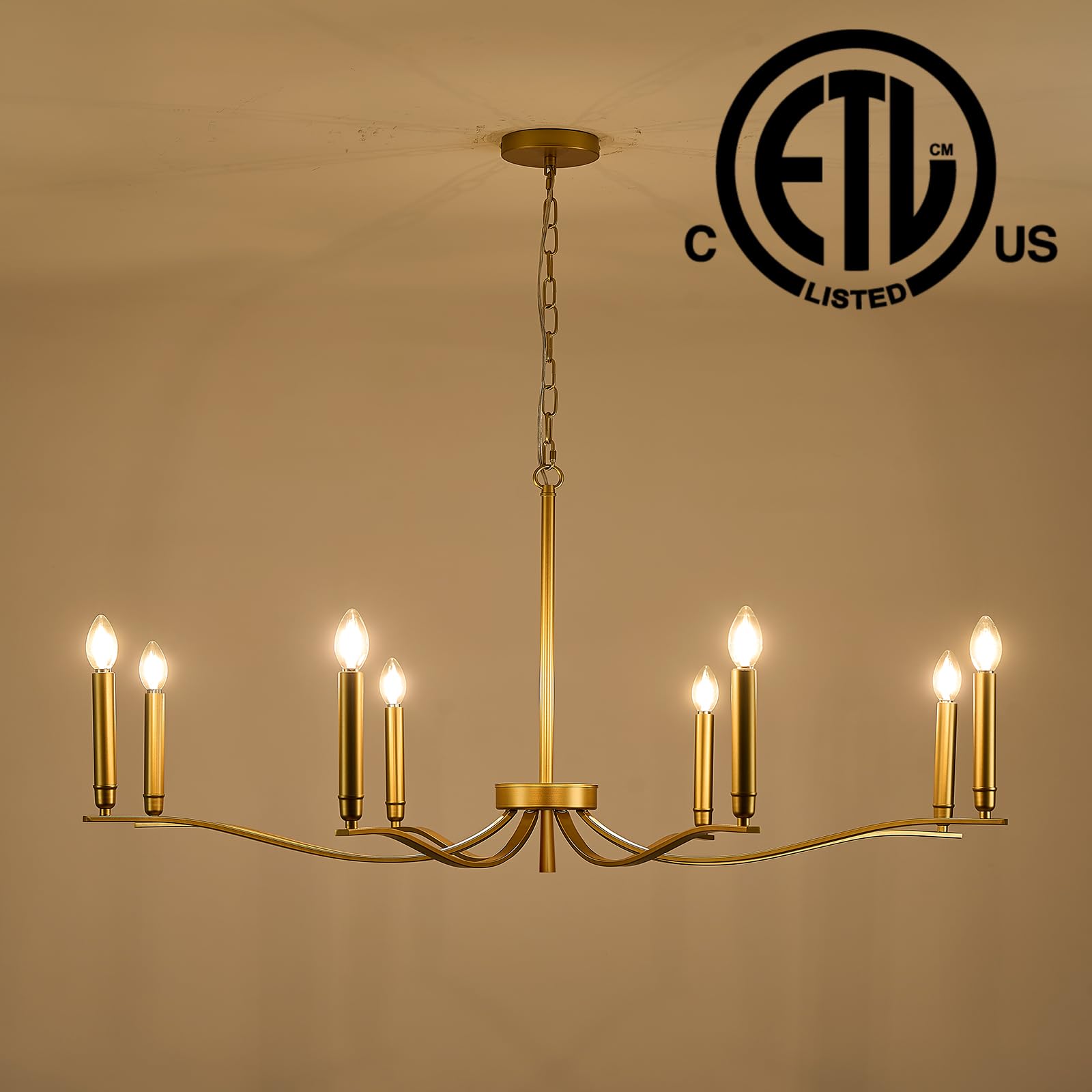 FookChak 8-Light Gold Brass Chandelier - Modern Metal Lighting Fixture for Dining Room, Entry Foyer, Living Room, 44in Model 40