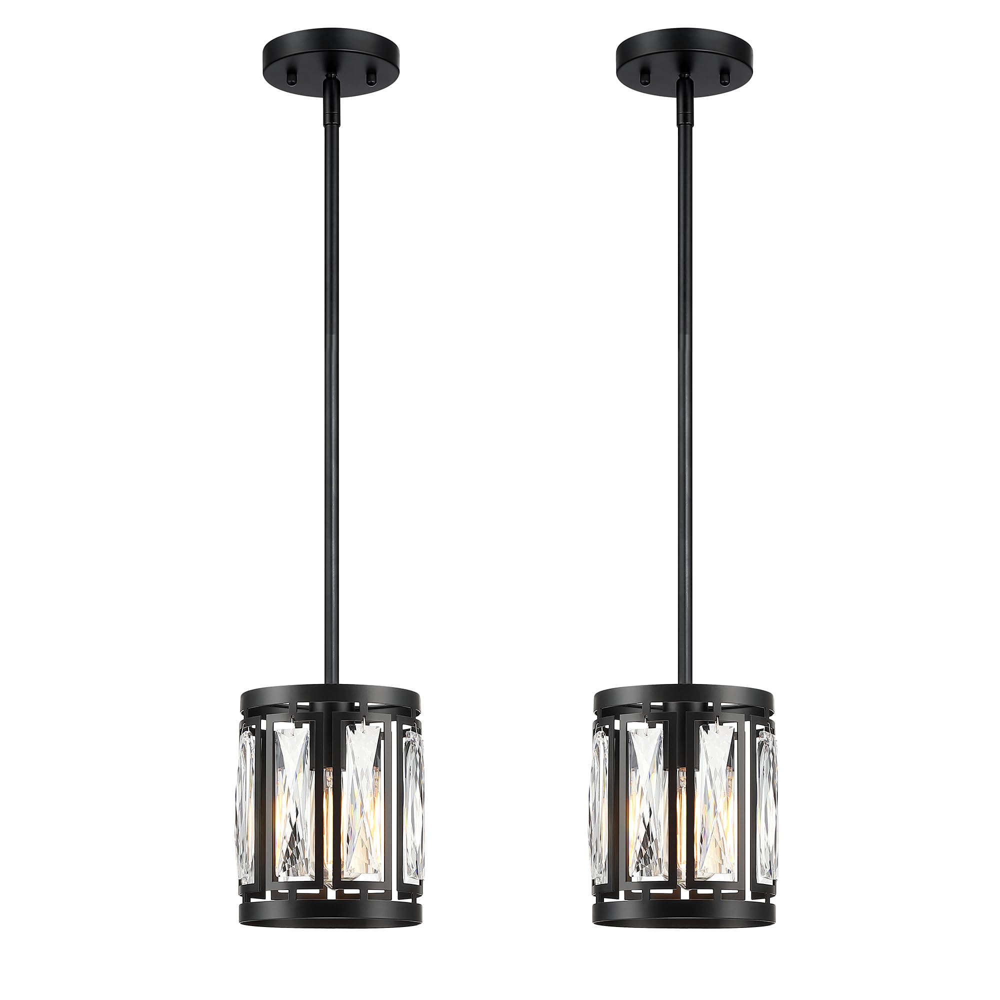 Crystal Pendant Lighting Fixture Matte Black Drum Shade Chandelier,2-Pack Pendant Lights for Kitchen Island Modern Ceiling Light