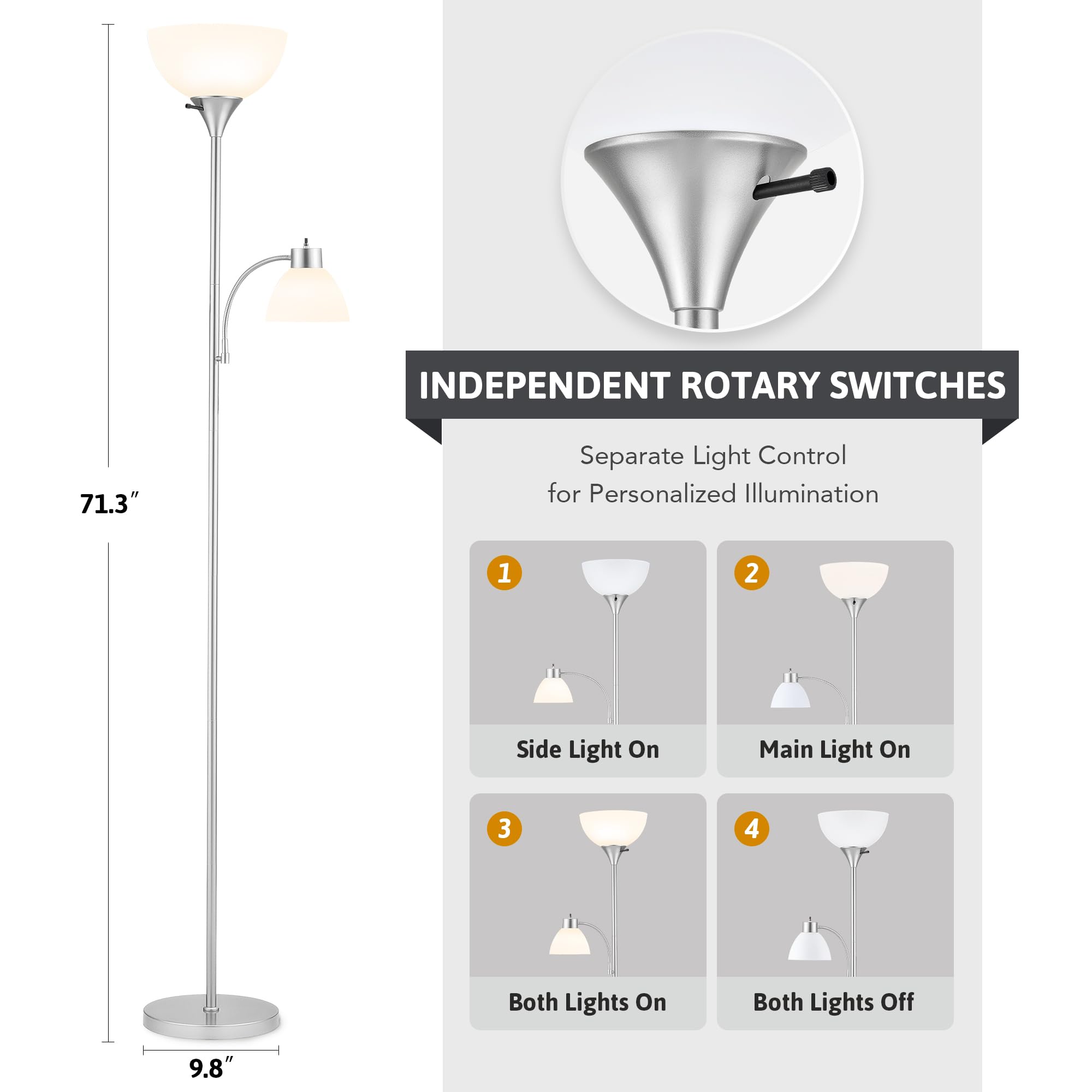 Vonluce Torchiere Floor Lamp, 71'' Standing Lamp With Adjustable Reading Lights & 2 Bulbs, 3 Color Temperatures Modern Tall Pole
