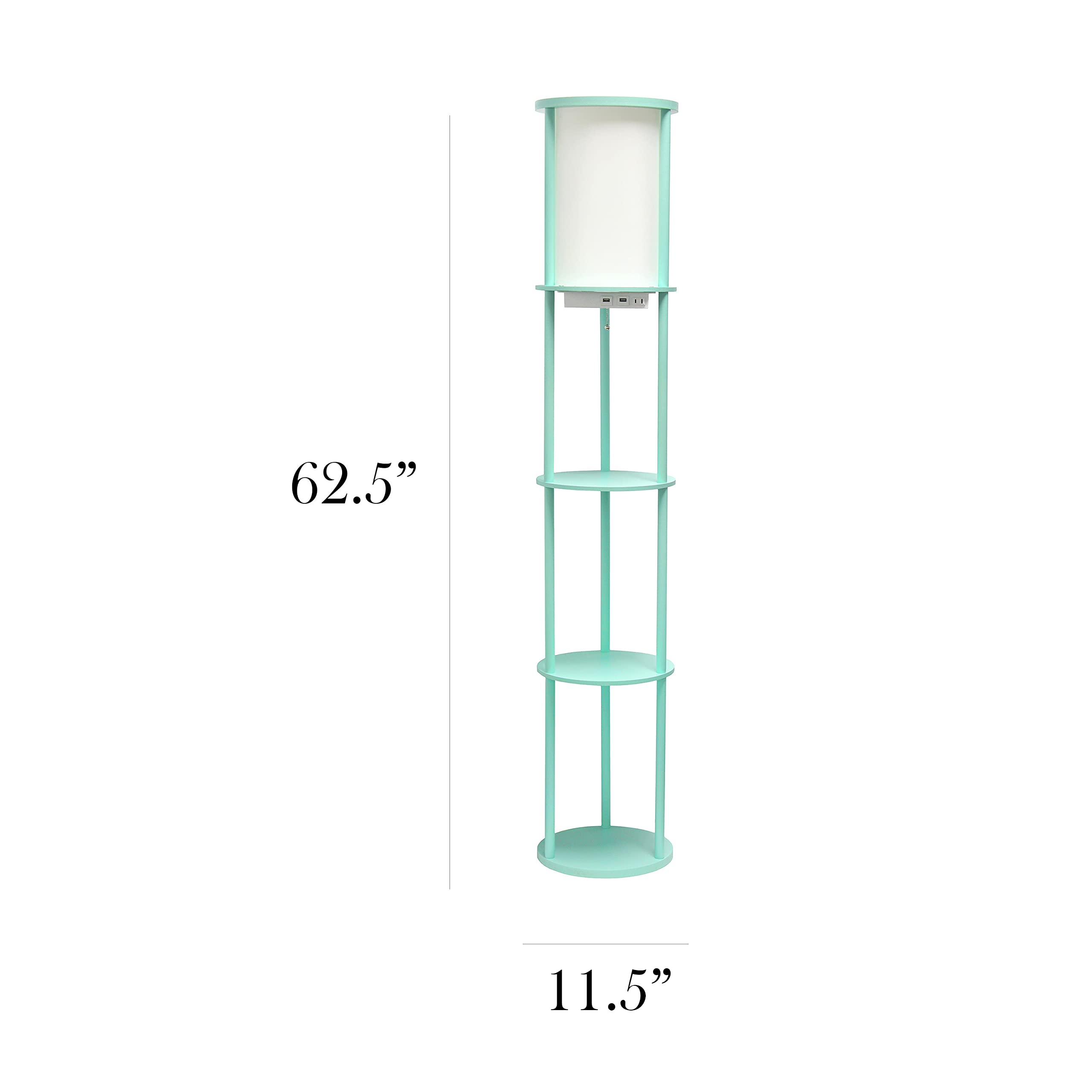 Simple Designs Round Shelf Etagere Floor Lamp with 2 USB Ports, Linen Shade, Aqua, 62.5in Tall, Model LF2010-AQU