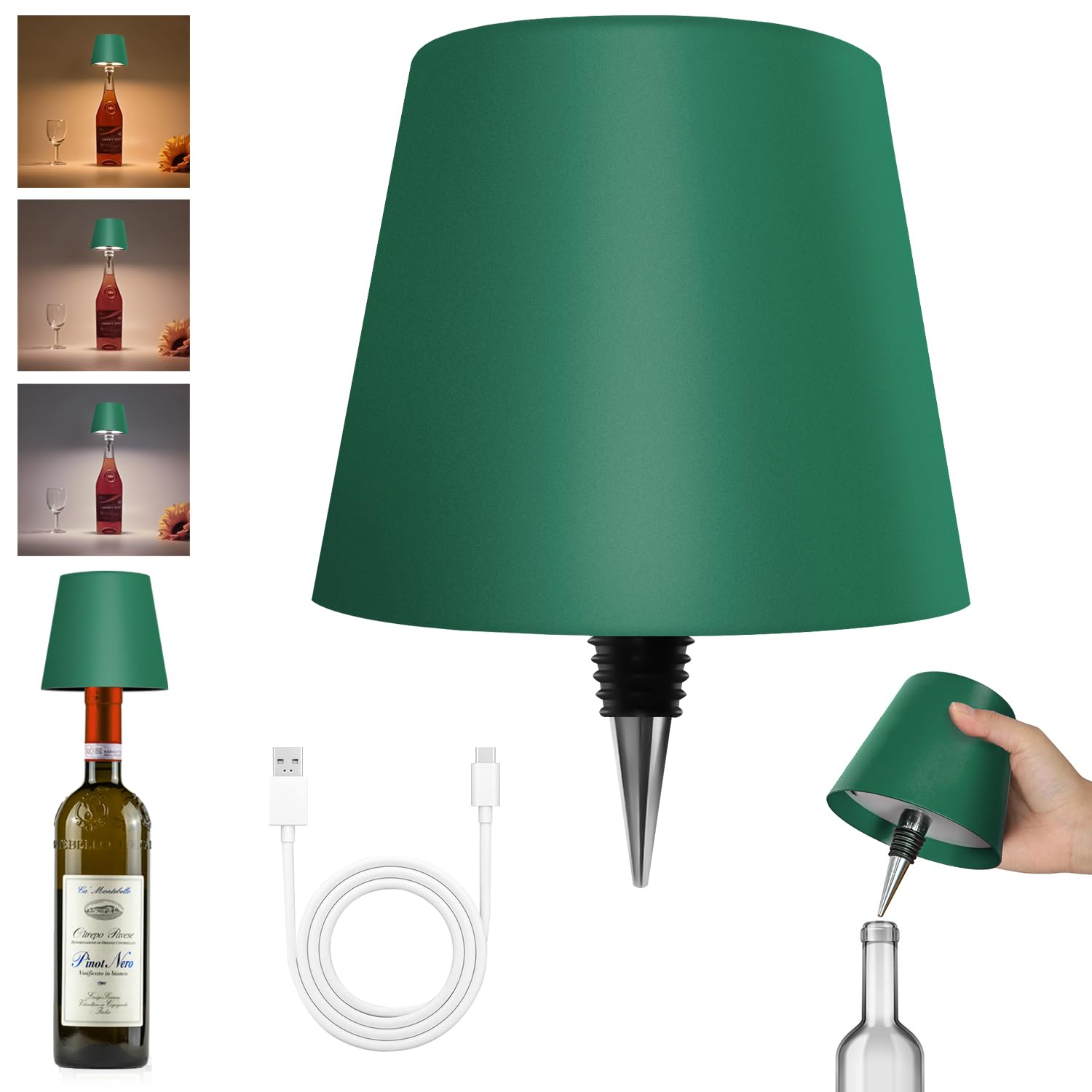 Hoide Wireless Bottle Lamp - LED Touch-Dimmable Night Light Kit, 5.7in, Dark Green, Plastic