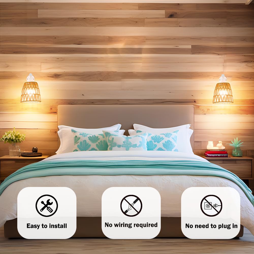 OIYIO Battery Operated Wall Sconce Set of 2, USB Rechargeable Rattan Lighting, White, 6.3in, Remote Control, RGB Color Modes