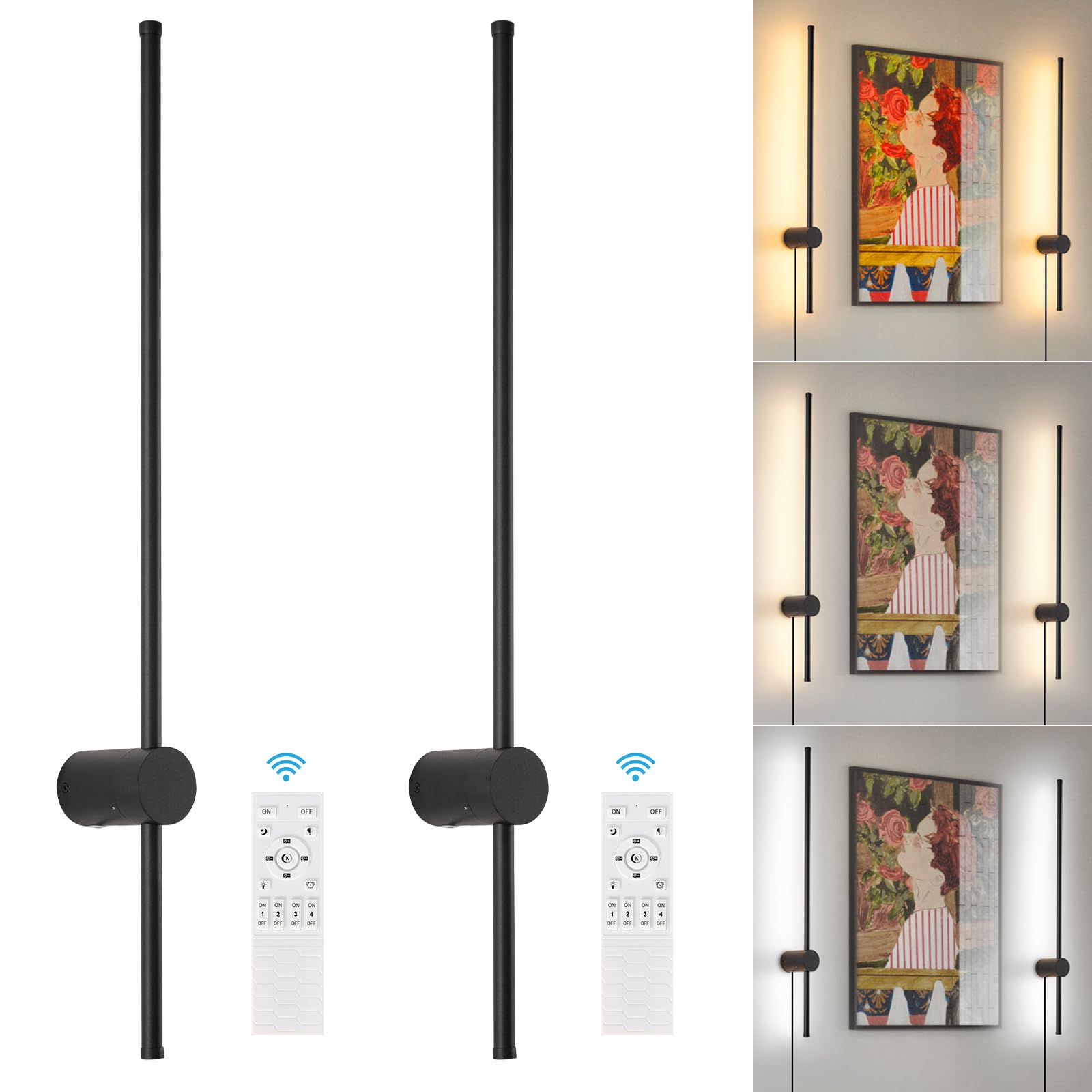 KELUOLY Dimmable Wall Sconce Set of 2, 31.5in LED Light, Black, Adjustable Brightness, Acrylic, Model RYDCT-HS80