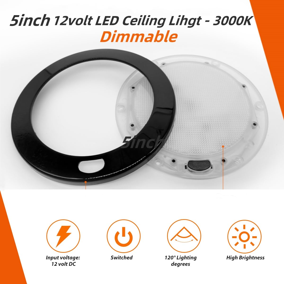 Dream Lighting LED Interior Light Fixture, 12V Black Shell Downlight, 300lm, Warm White, 5-inch, Model 0016936W