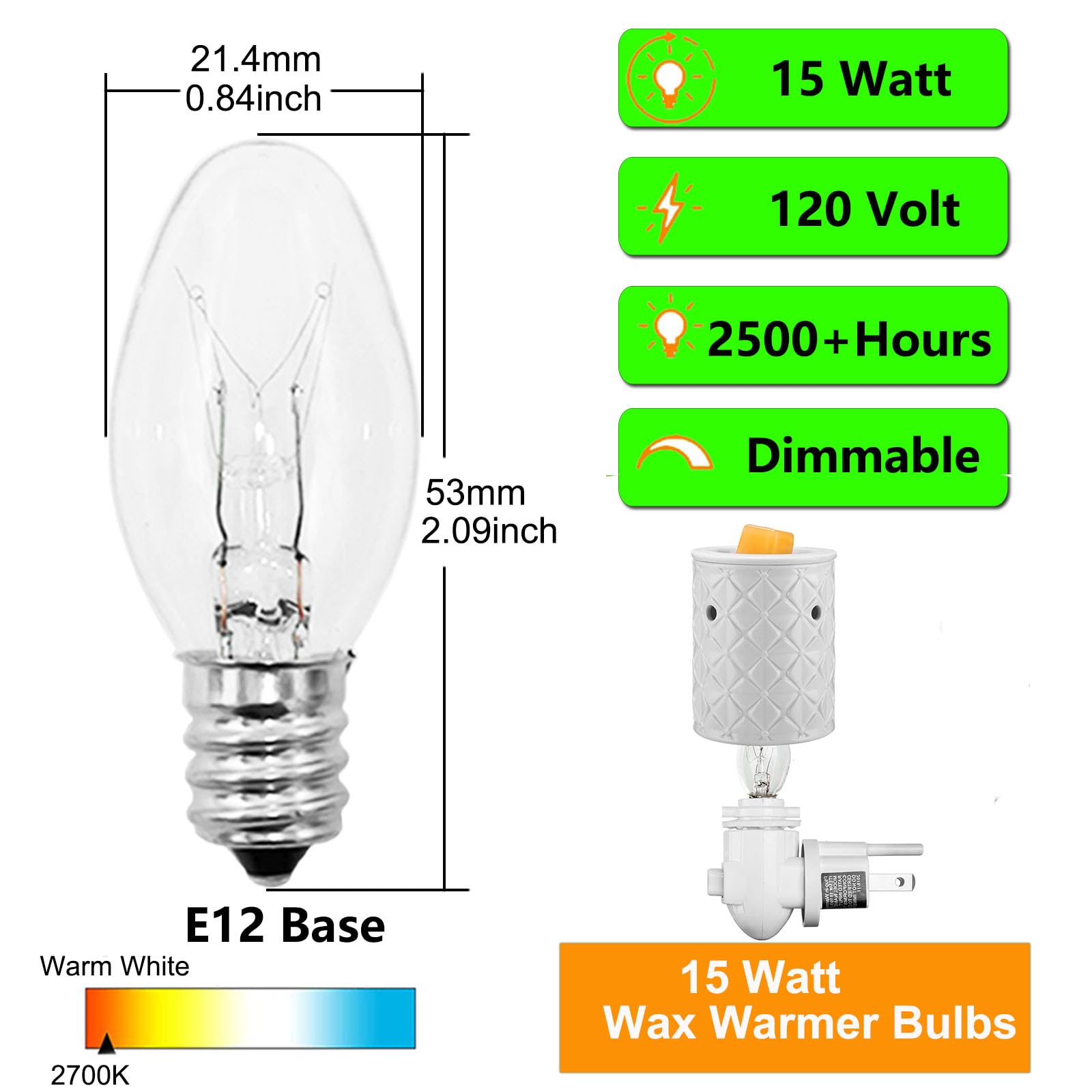 PaeorRorL Wax Warmer Bulbs, 15 Watt C7 E12 Base, 15 Pack for Scentsy Candle Warmers, 120 Volt