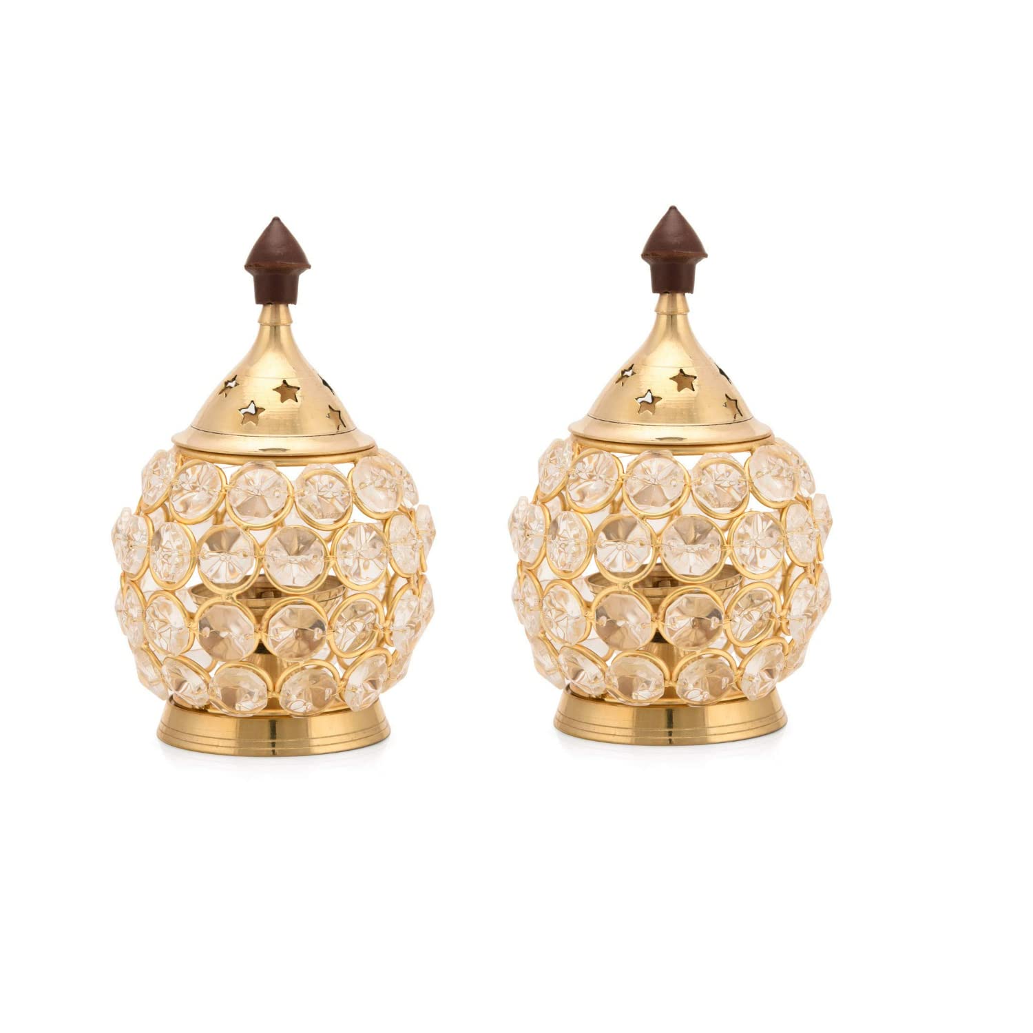 Klassic Decor Brass and Crystal Matki Shape Akhand Diya/Table Deepak/Oil Lamp/Medium Size (Pack of 2)