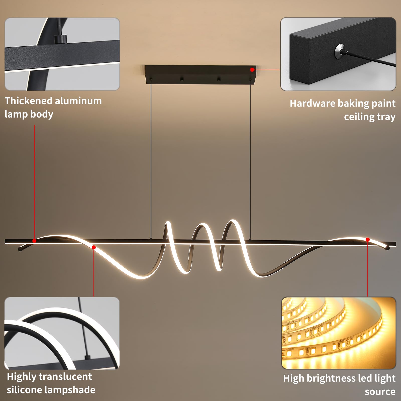 Matven Modern Ceiling Chandelier Light, 57" Dimmable Acrylic Pendant Lamp, Remote Control, 3 Color Modes, Black, Model LX150
