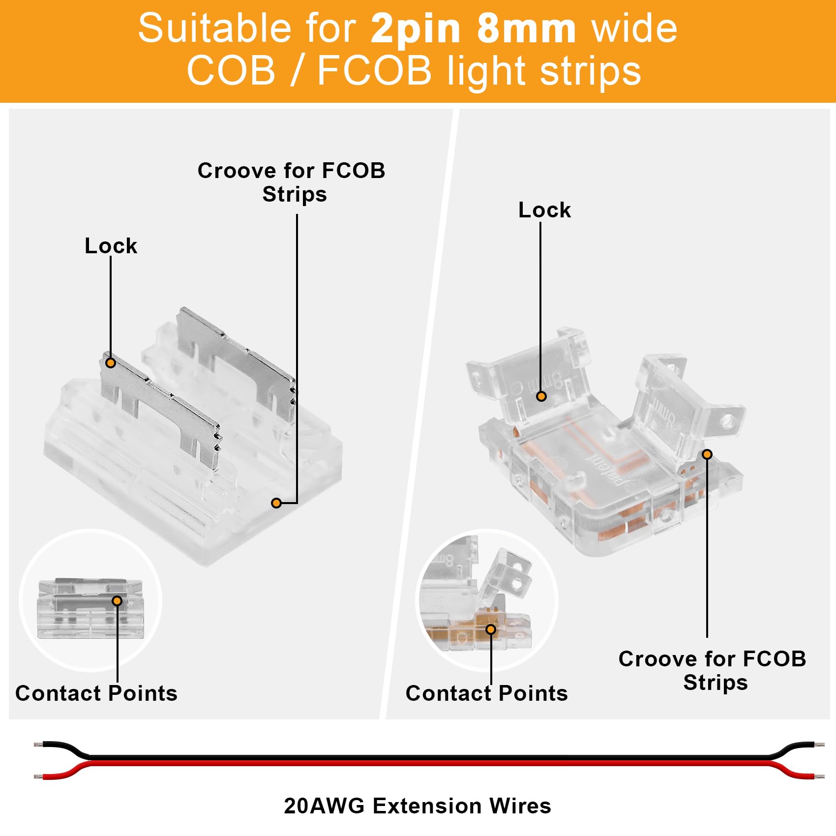 8Mm 2 Pin Fcob Cob Led Strip Light Connector Kit, 8Pcs Transparent L-Shaped Corner Connector, 4Pcs I-Shaped Connector, 4Pcs 15Cm