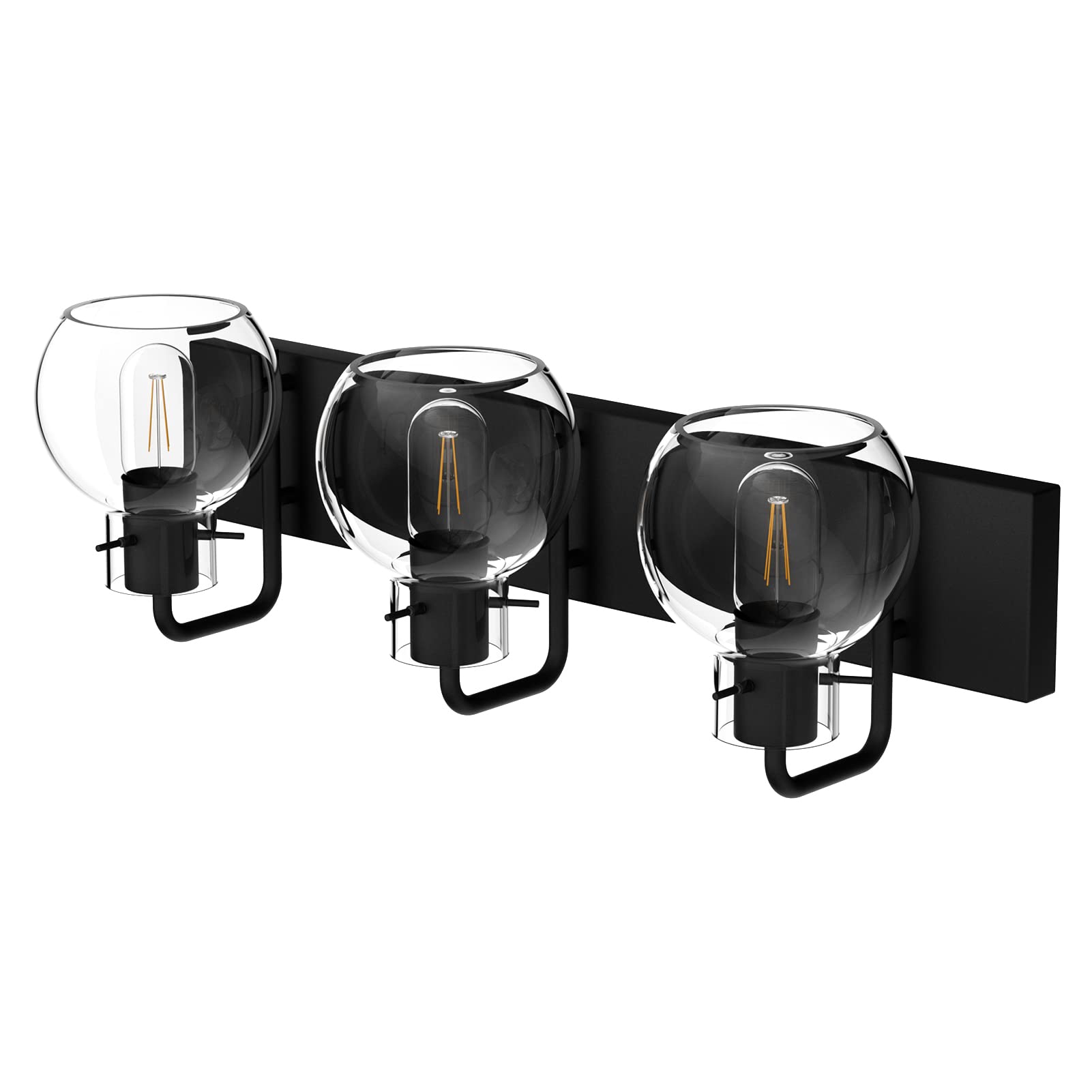 Tipace 3-Light Industrial Bathroom Vanity Lighting Fixtures, Matte Black Finish, Globe Clear Glass, Model L-7491