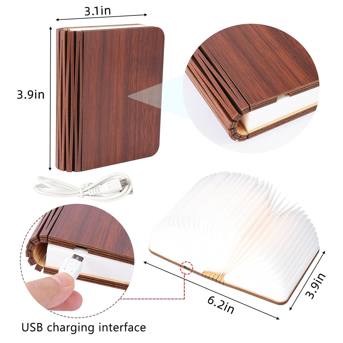 XIUDI Mini Folding Book Lamp, Portable Wooden Desk Light, USB Rechargeable, 3.9×3.1×1in, Mini Red Wood