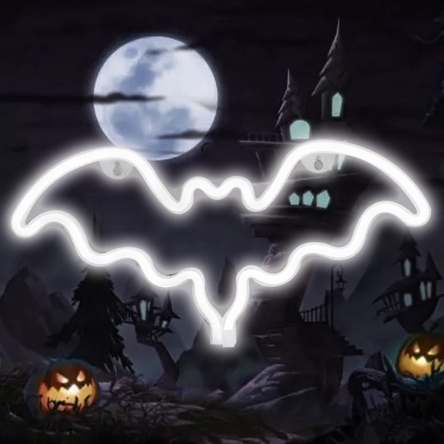 Vicila LED Neon Bat Sign Halloween Night Light, Plastic, 39.4L x 7.1W, White, Model 01, Spooky Wall Decor for Teens and Parties