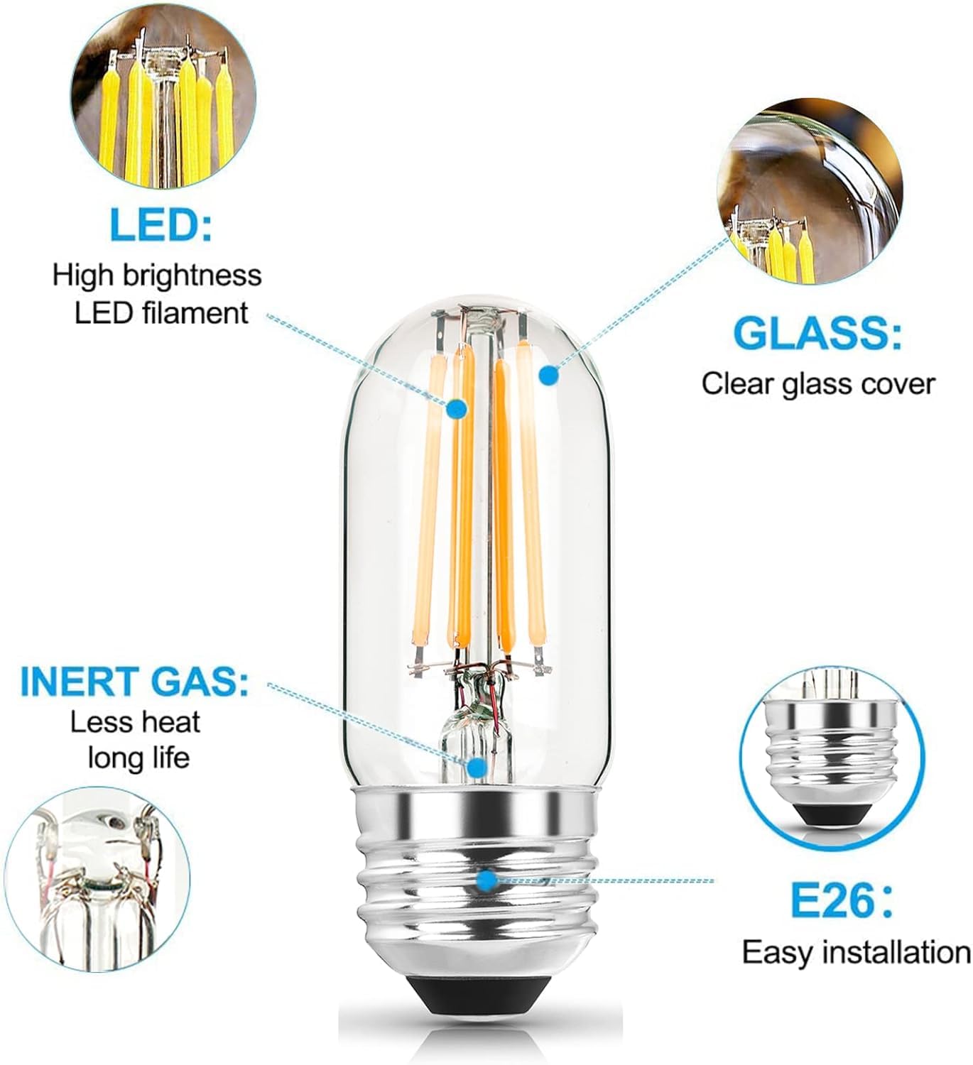 NOVELUX LED Bulb 60W Equal Dimmable 2700K Soft White 3 Inch Glass Tubular Filament, 6W, 6 Pack