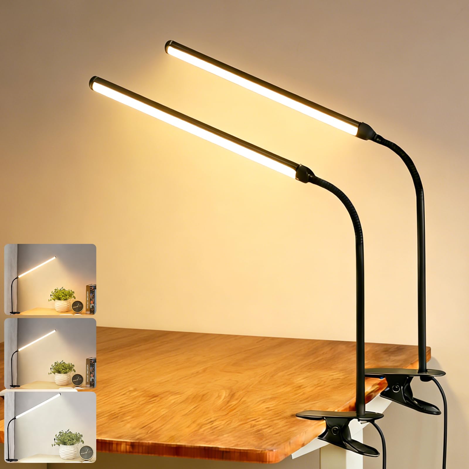 Lurinenna 2 Pack Clip On LED Desk Lamp, 3 Lighting Modes 10 Brightness Levels, Flexible Goose Neck Swing Arm Task Lamp, Eye Cari