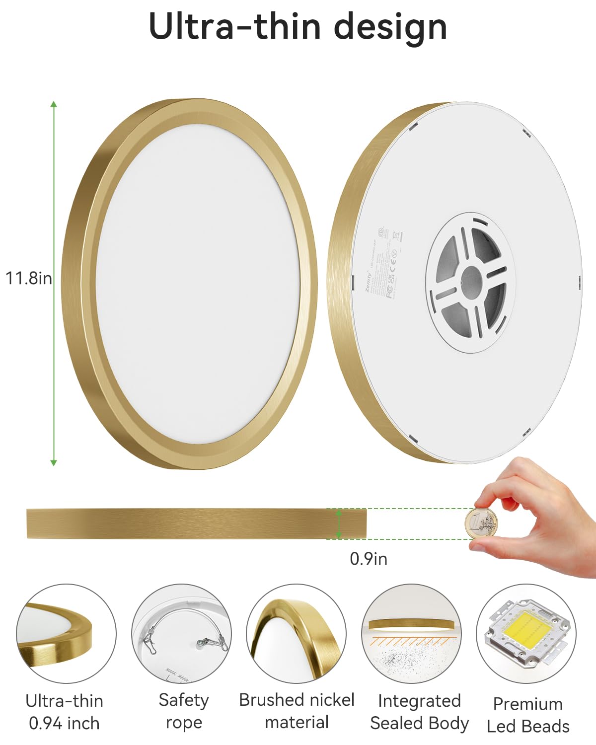 Zemty Led Ceiling Light Golden - 12In 28W Aureate Flush Mount Ceiling Light, 3 Color Temperature 3000K/4500K/6000K - 3200Lm Gild