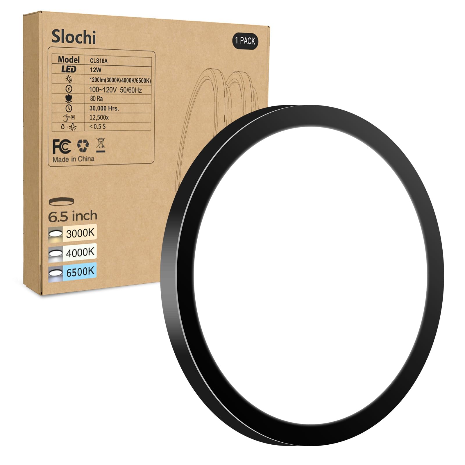 Slochi LED Flush Mount Ceiling Light Fixture, 12W 1200Lm, 6.5 Inch, Black, Modern Design for Kitchen, Bathroom, Bedroom, Hallway