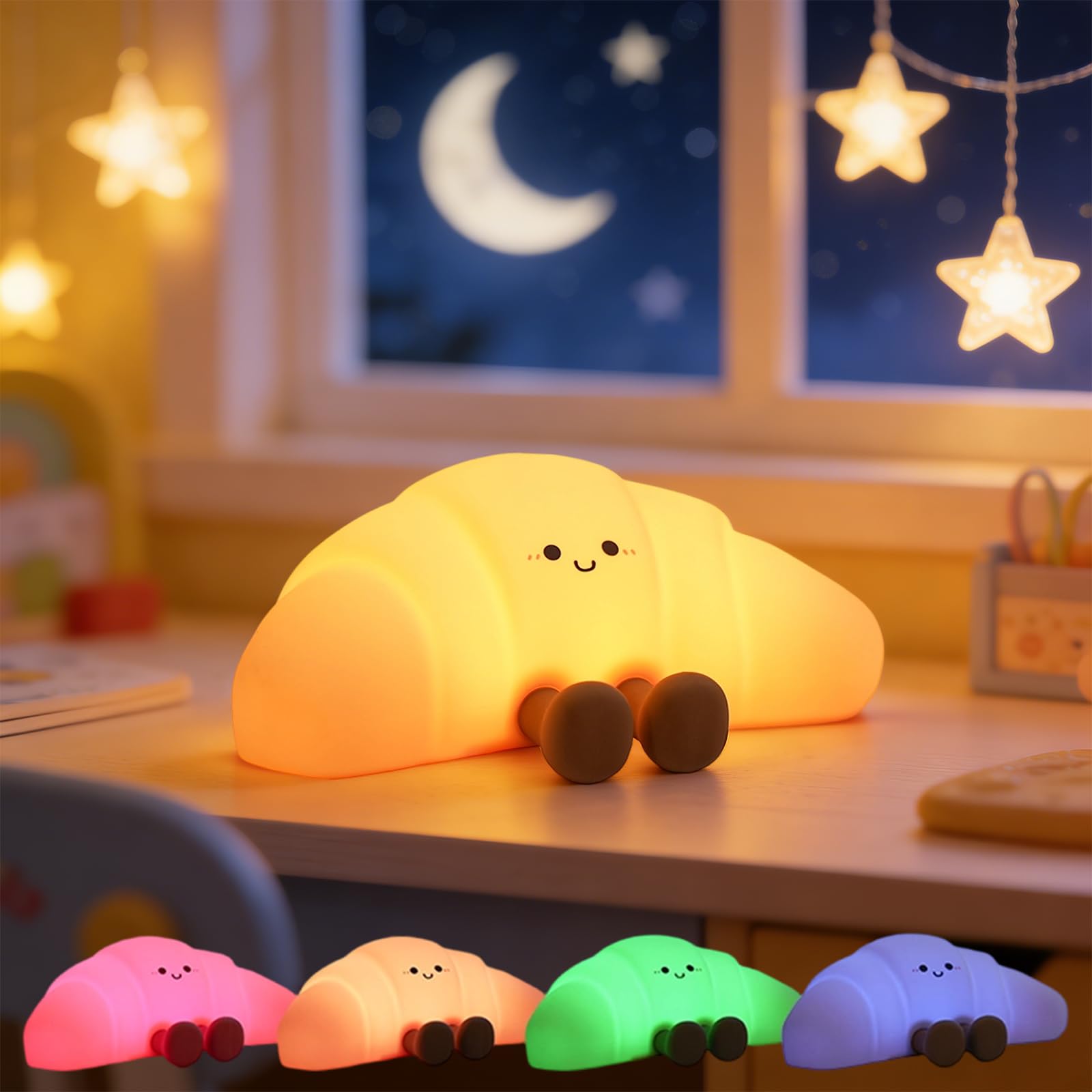 Croissant Night Light for Kids, 7 Color Changing Soft Silicone Night Light, Dimmable Lamp with 3 Brightness, Rechargeable Bedsid