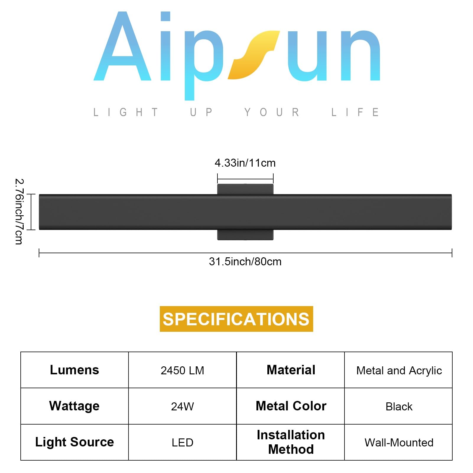 Aipsun Outdoor Wall Sconce - 31.5in Modern Black LED Light, 3000K/4000K/6000K - 2 Packs, Perfect for Entrance, Hallway