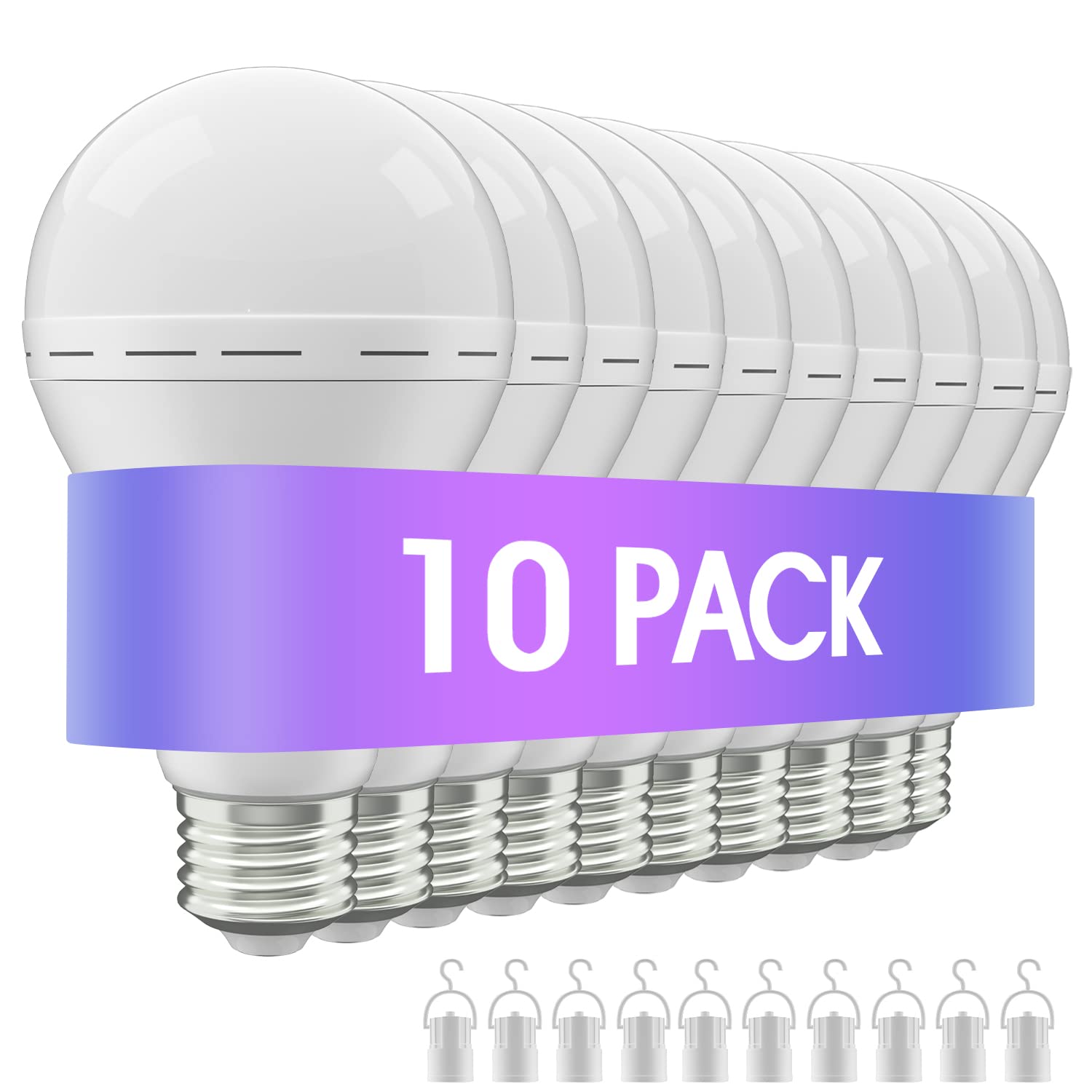 LHZHENG Rechargeable LED Light Bulb, 12W Equivalent, 1200mAh, White, 10 Pack, Portable with Hook for Home, Camping, Hiking