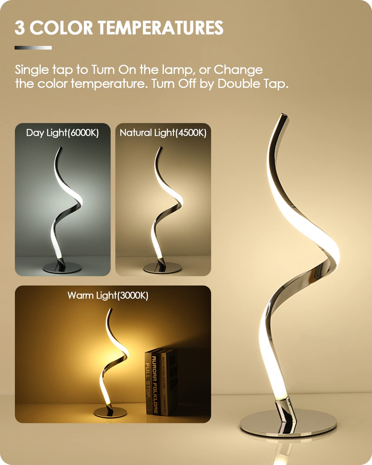 Yarra-Decor Modern Spiral Bedside Lamp - Touch Control LED, Stepless Dimmable, Silver 2 Pack, Model TD-010SPIRAL