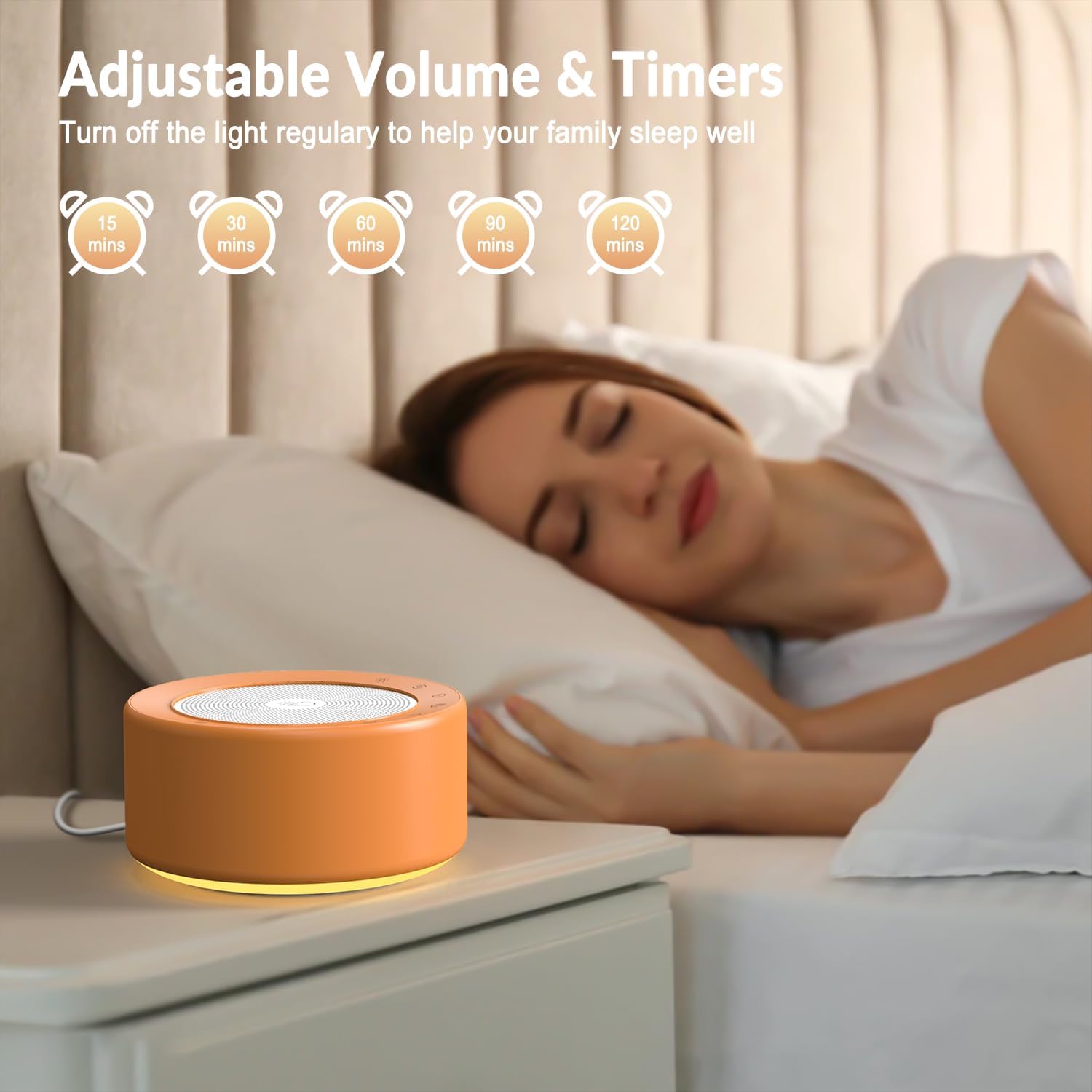 Kipcush Nursery Lamp with Sound Machine, 30 Sounds, 7 Colors Night Light, Touch Control, Timer, Orange