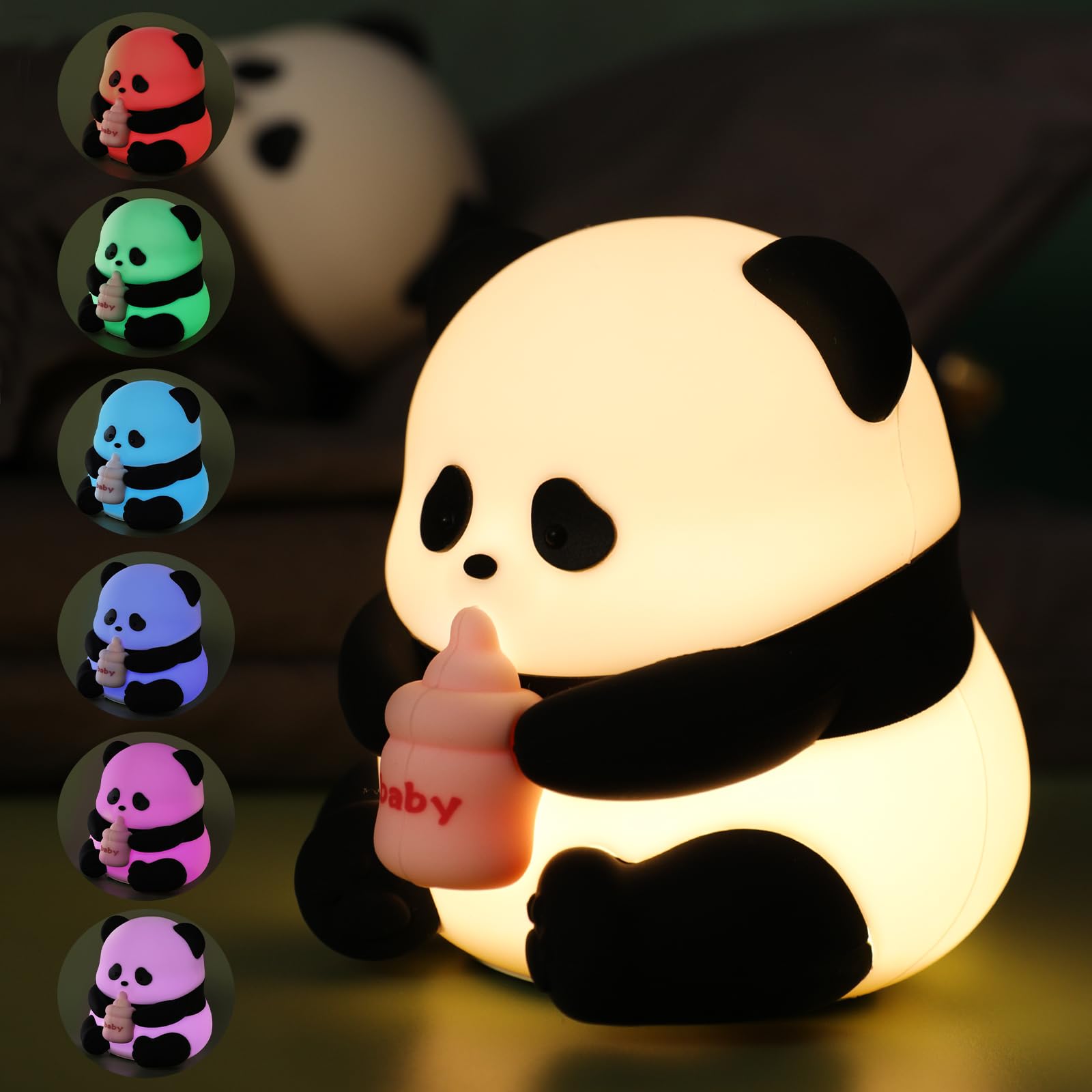 iLAFFUS Night Light for Kids Lamp,10 Colors Cute Panda Lamp,Dimmable Baby Night Lights for Nursery,Silicone Rechargeable Nightli