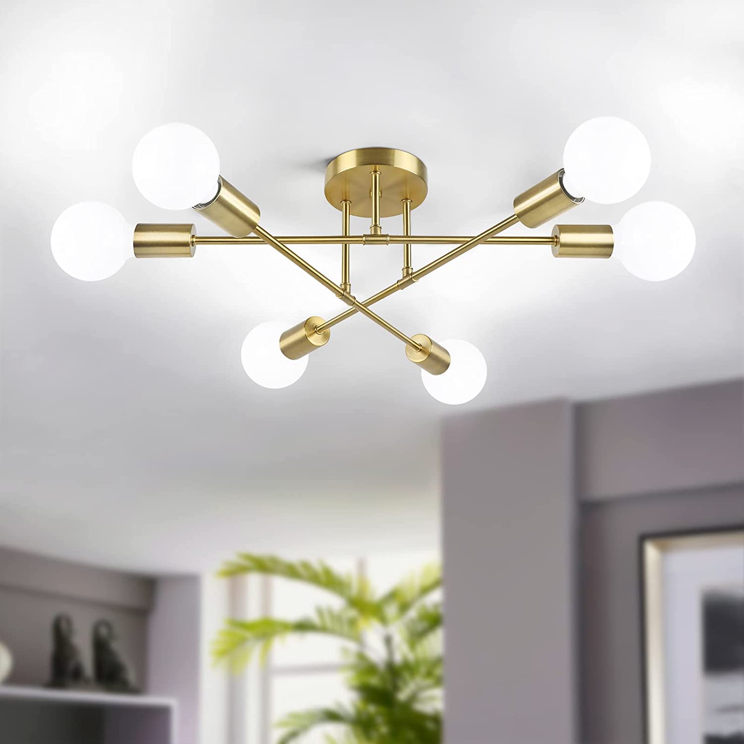 Bosceos Modern Sputnik Chandelier 6-Light Industrial Ceiling Fixture 22in Gold Metal Semi Flush Mount Lighting for Dining Room, Bedroom, Living Room