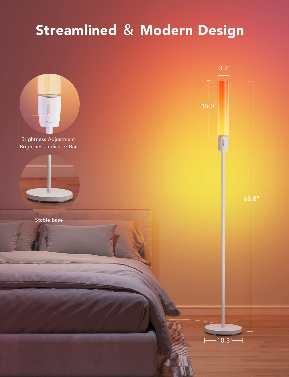 Govee Rgbic Cylinder Floor Lamp, Led Corner Floor Lamp With Wi-Fi App Control, Smart Lamp With 64+ Scenes, Diy Mode, Music Sync, 1500 Lumens Modern Lamp For Bedroom, Living Room
