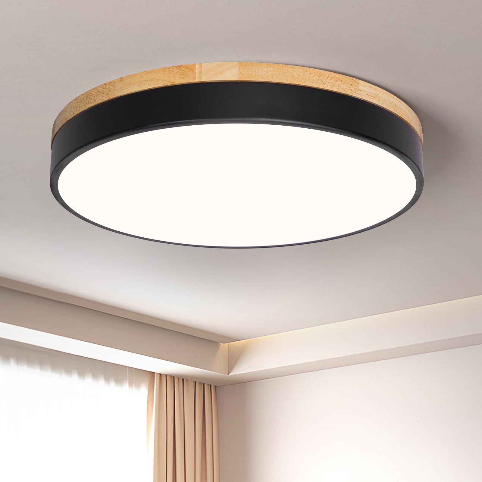 VIOLOEMI Modern Wood Black Flush Mount Ceiling Light, 15.74 Round LED Low Profile Close to Ceiling Fixture for Kitchen Bedroom B