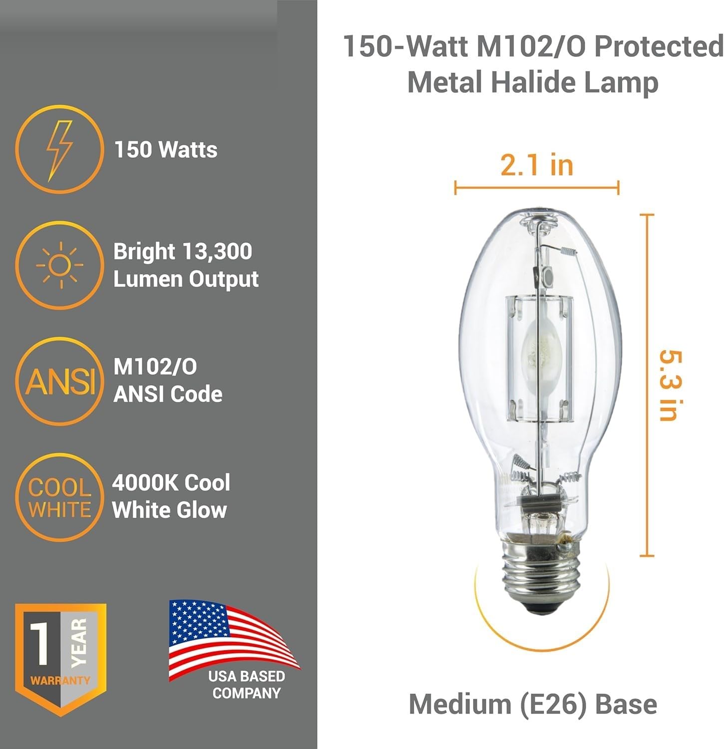 Diodesy- M102/O Metal Halide Lamp 150W High Intensity Discharge Lamps Pulse Start E26 Medium Base 4000K Cool White 13300 Lumen W