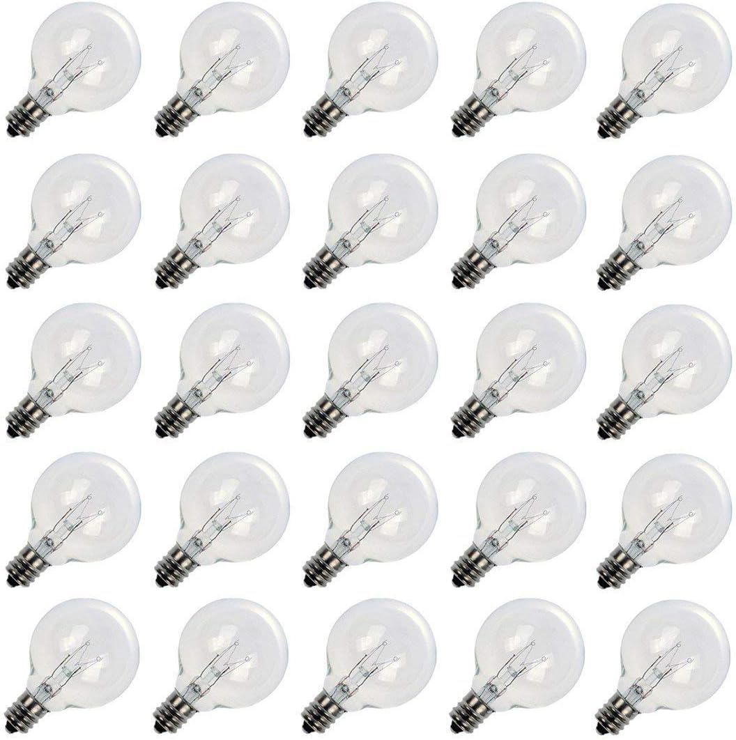 Brightown G40 Replacement Light Bulbs, 25 Pack 5W Clear Globe Bulb fits E12 C7 Candelabra Screw Base Sockets, 1.5 Inch Dimmable Light Bulbs for Indoor Outdoor Patio Decor, Warm White