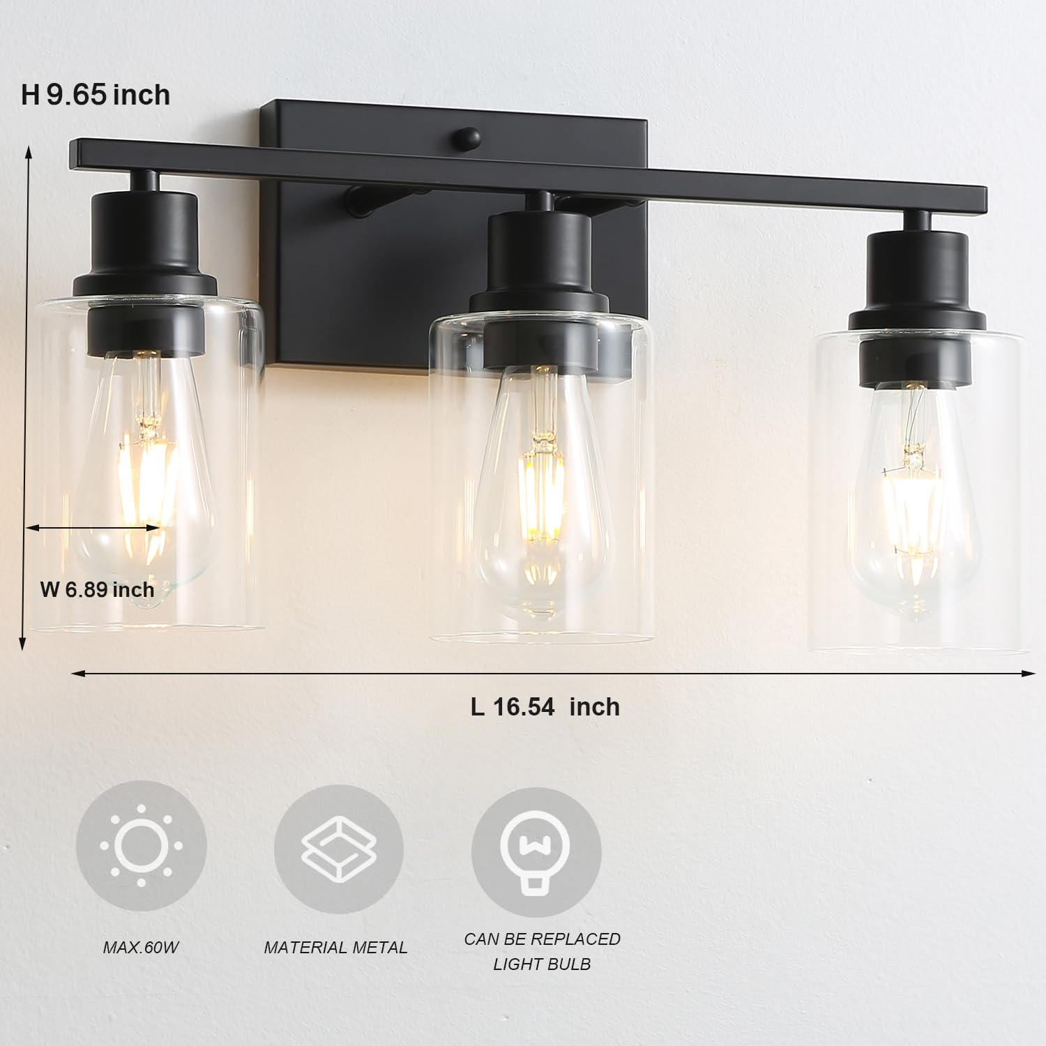 Emong 3-Lights Bathroom Light Fixtures, Matte Black Vanity Light With Glass Shade, Modern Wall Sconces Lighting For Bathroom,Mir