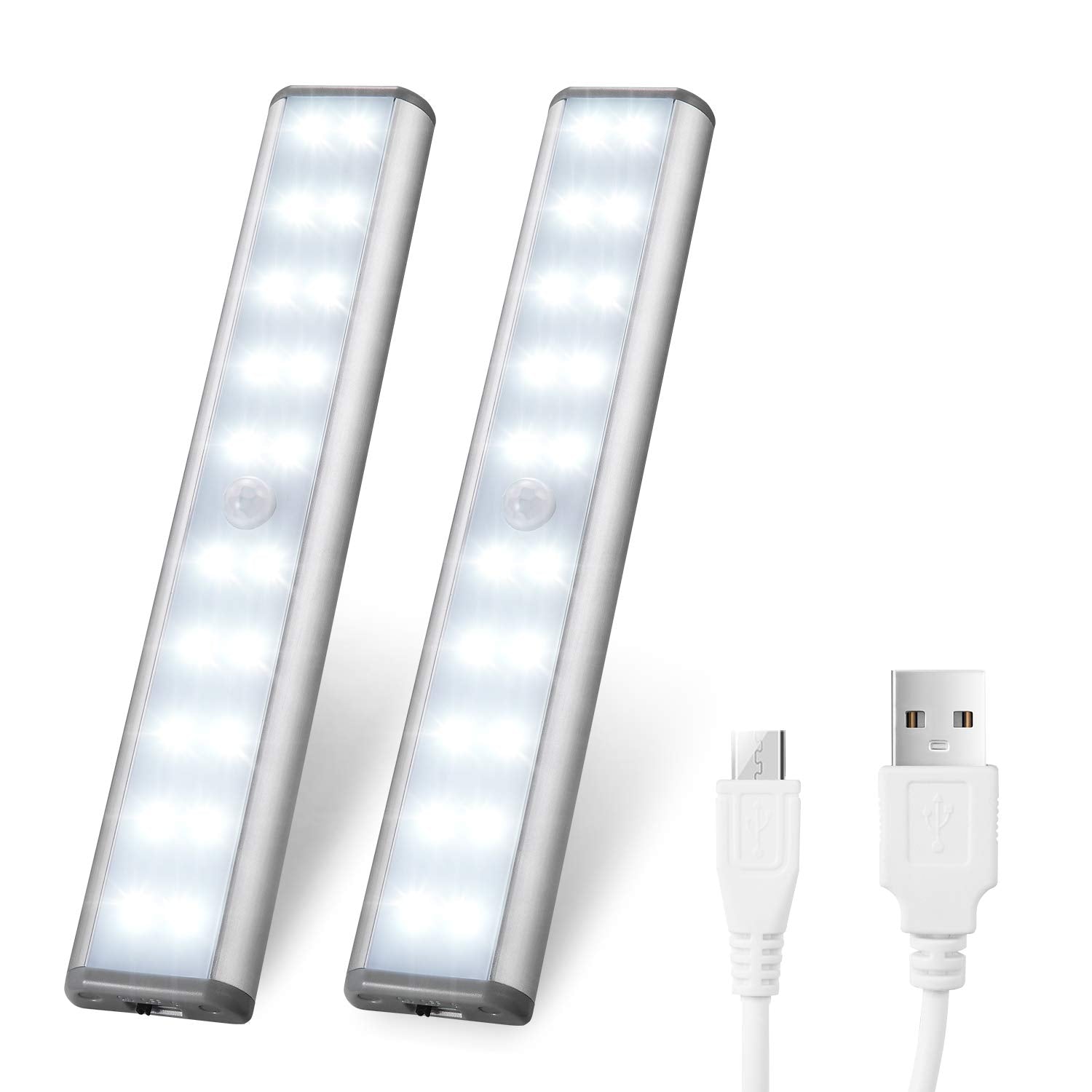Lepotec Motion Sensor Cabinet Lights, Usb Rechargeable 20 Led, Silver-White, Portable & Cordless, Model 20Led-2 (2 Pack)