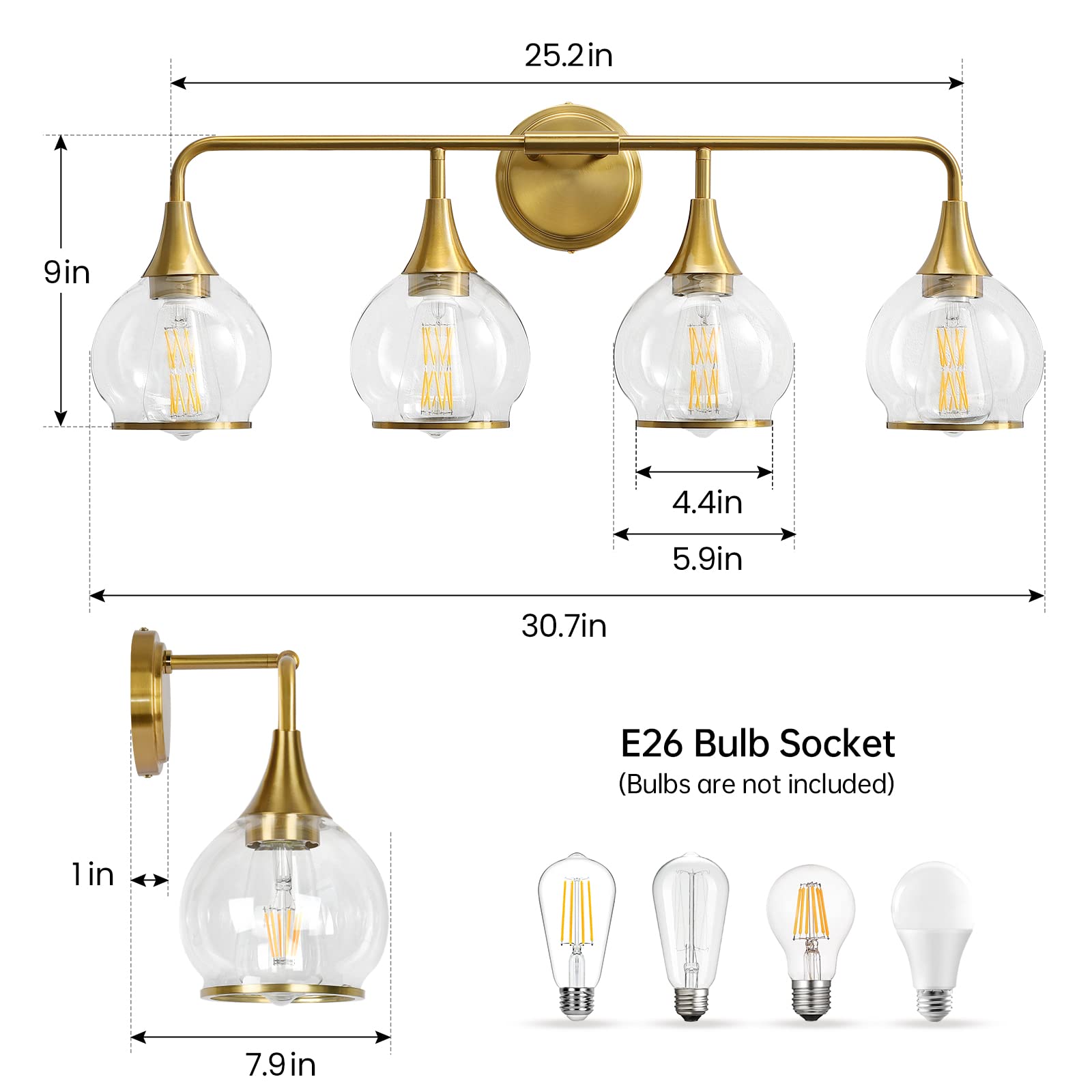 Hahzt Gold Bathroom Vanity Light 4-Light Bathroom Vanity Light Fixtures Over Mirror With Clear Glass Shade 30.7 Inch Wall Sconce