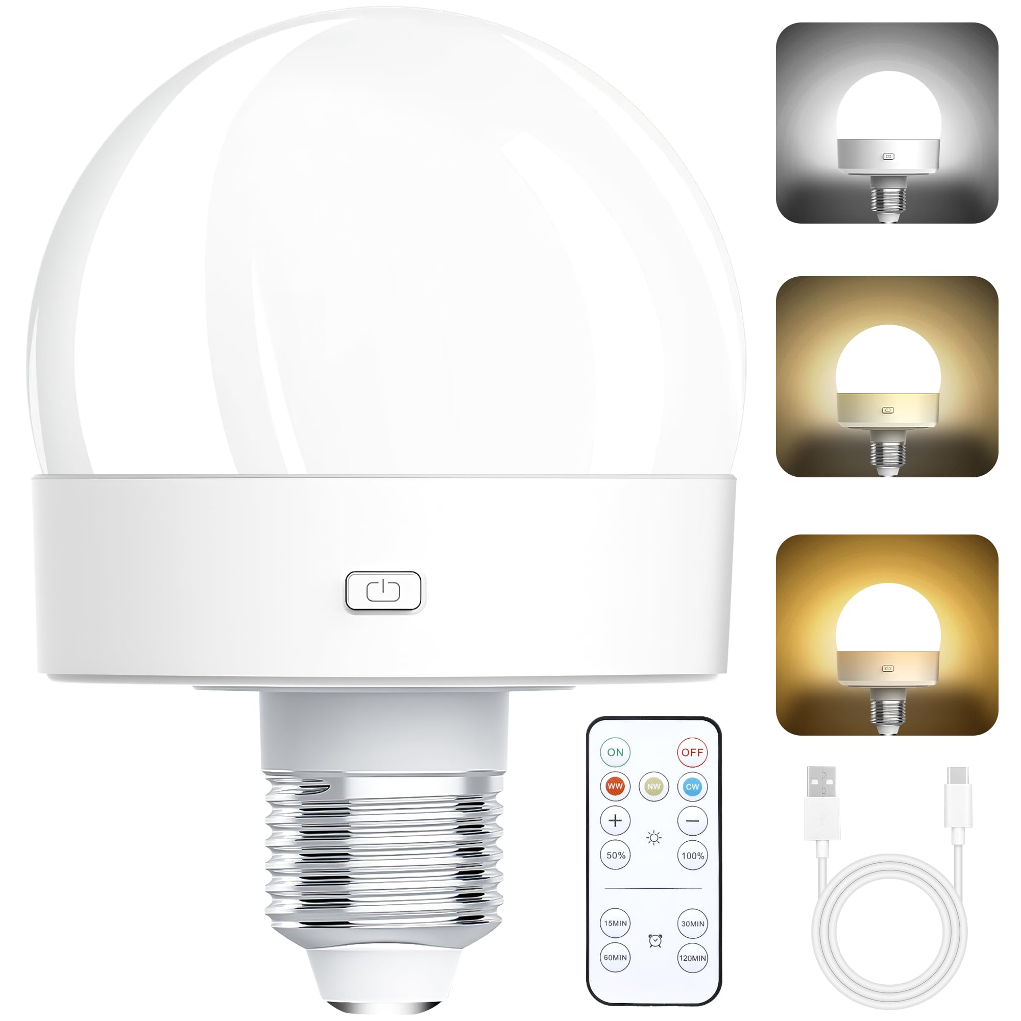 Kandicyar Rechargeable Battery Operated Led Light Bulb, 300Lm E26 Screw In (Magnetic Detachable) With Remote Control Dimmable & 