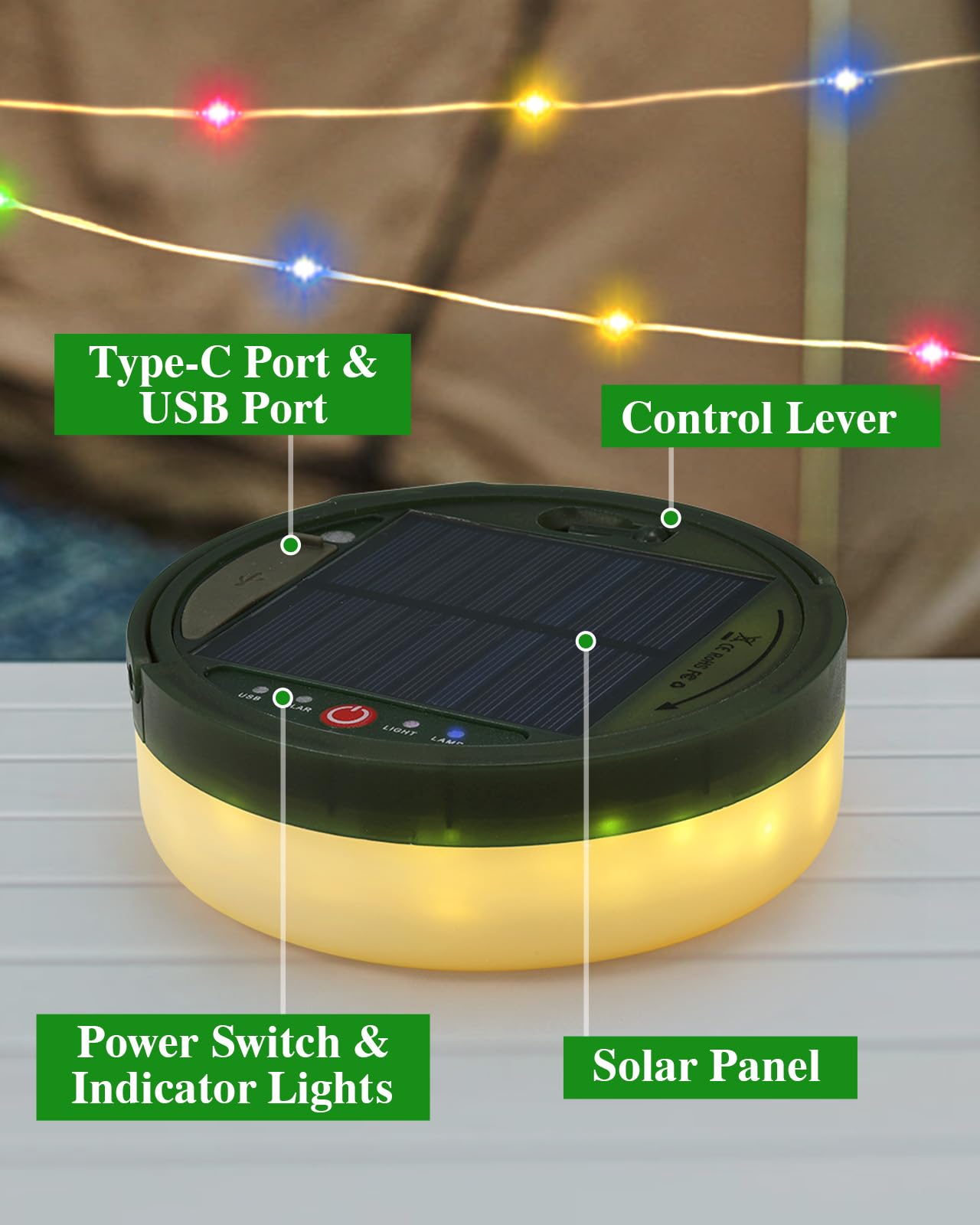Anpro 4 in 1 Solar Camping String Lights, 32.8Ft Multi-Color LED, 3600mAh Solar Powered, USB Rechargeable, with Remote Control