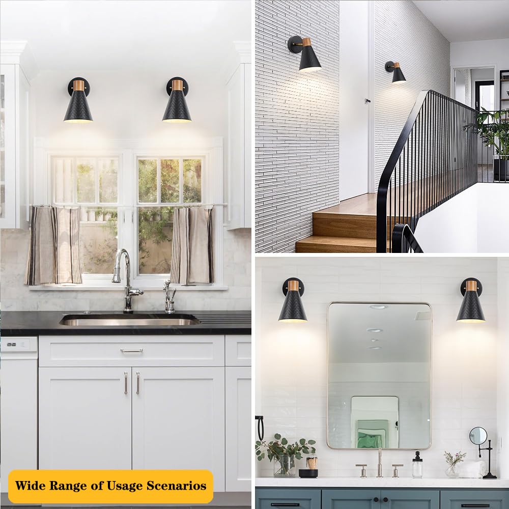 Dsmjfu Black Wall Sconces Set Of Two, Industrial Rotateable Wall Light Set Of 2, Bedside Sconces Wall Lamp With Hammered Metal Shade, Vintage Wood Sconce Wall Lighting For Bedroom Living Room Hallway