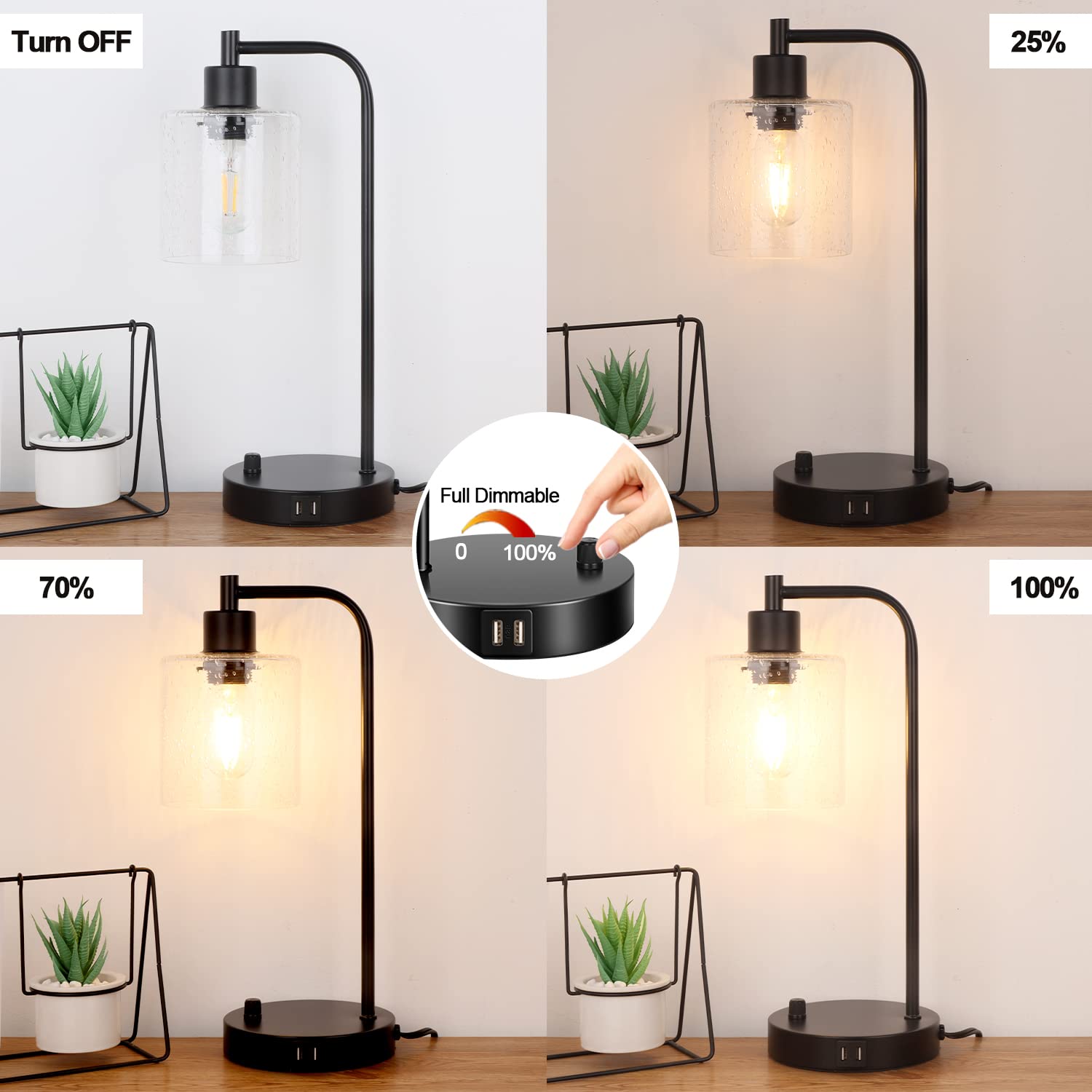 Lynnoland Set of 2 Industrial Table Lamps, Black Metal, Fully Dimmable with USB Ports, Includes 2 LED Bulbs, Model L200026G6