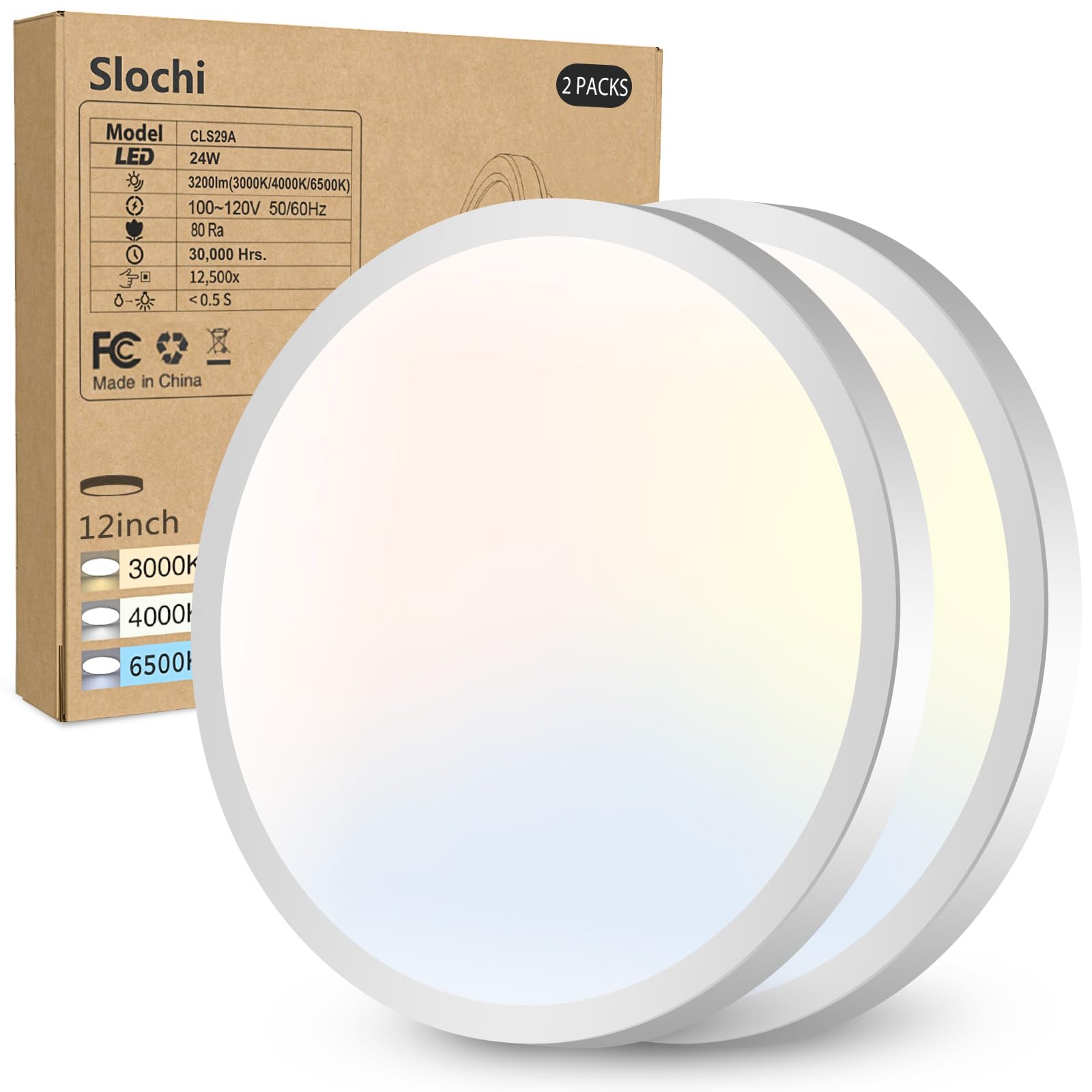 2PACK LED Flush Mount Ceiling Light Fixture, 3000K-4000K-6500K & 150W Equivalent Modern Kitchen Recessed Ceiling Lamp 24W 3200Lm